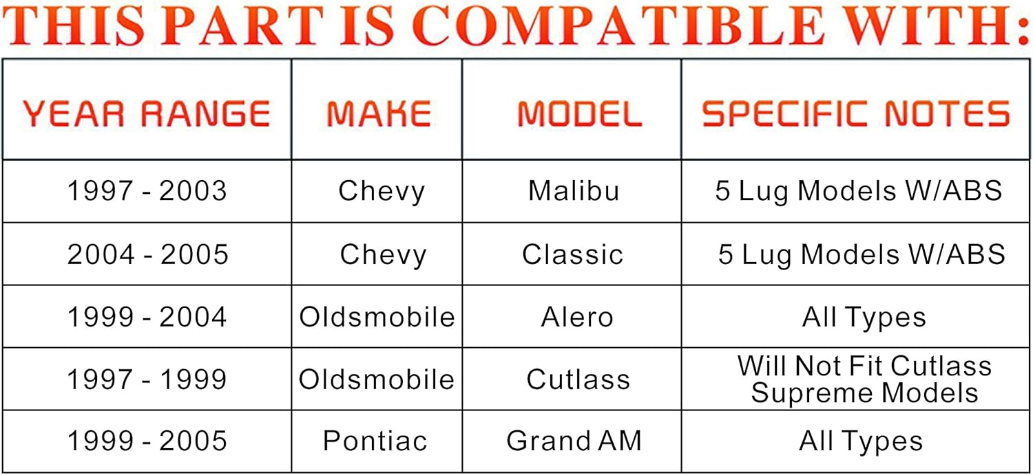 DRIVESTAR 513137 Front Wheel Hub and Bearing Assembly 04-05 for Chevy Classic, 97-03 Malibu, 99-04 for Oldsmobile Alero, 97-99 for Olds Cutlass, 99-05 for Pontiac Grand Am, 5 Lug w/ABS 3 Bolt Flange