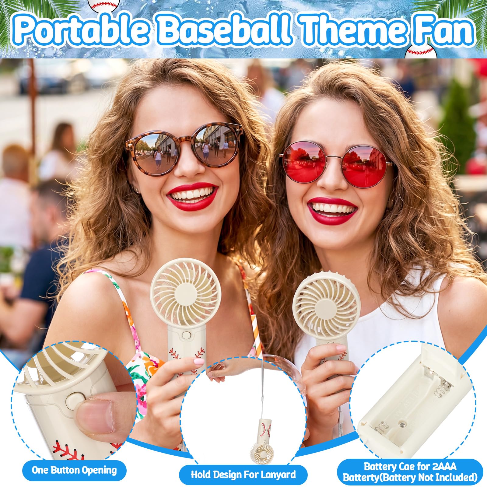 Tuanse Juego de 64 llaveros de acrílico portátil para abanico de béisbol y béisbol, regalos de equipo deportivo con tarjetas motivacionales, bolsas de organza, ventilador de mano alimentado por pilas
