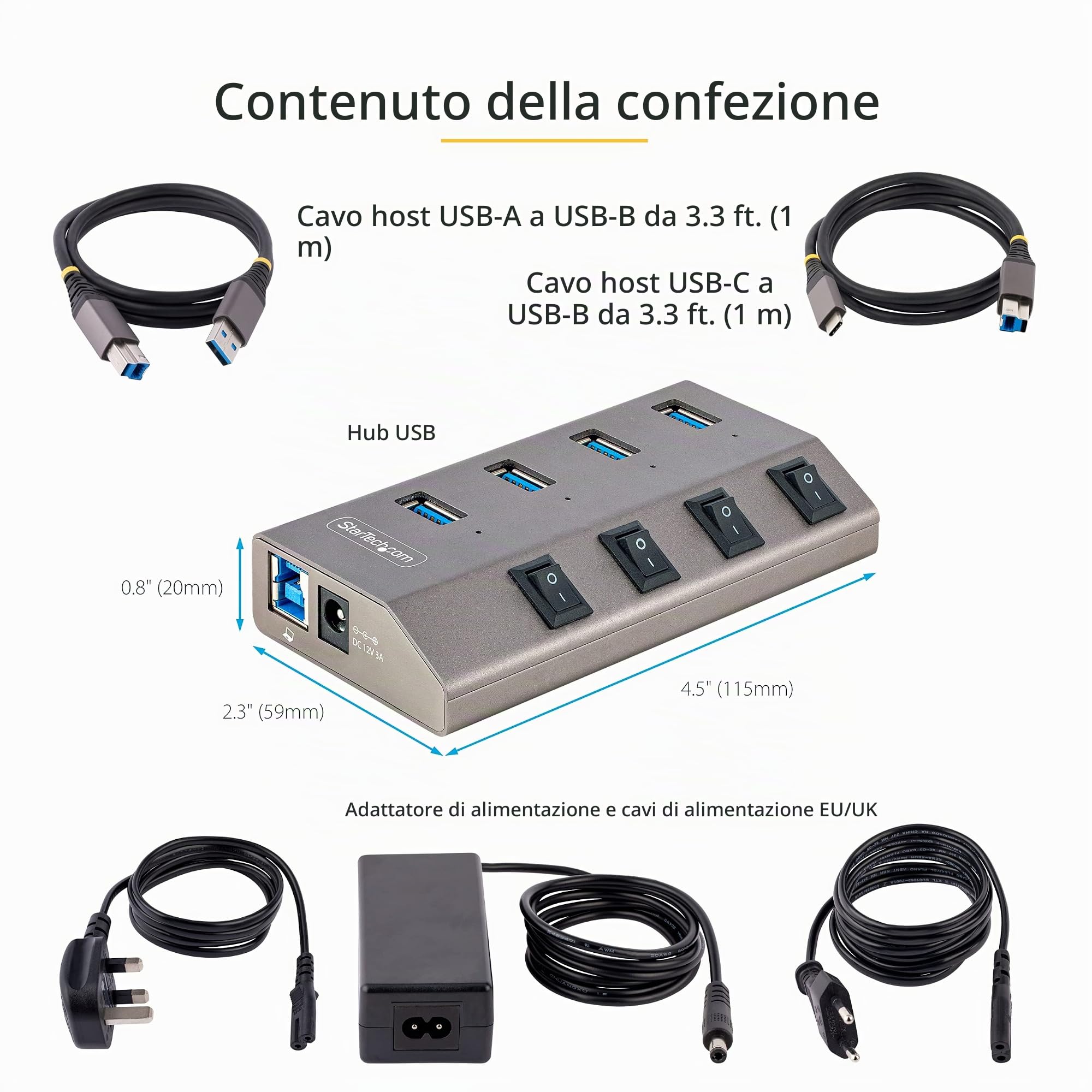 StarTech Hub USB-C 4 Porte 5Gbps, Interruttori On/Off (5G4AIBS-USB-HUB-EU) | Alimentatore Incluso, Adattatore USB-C a USB-A, Espansione USB