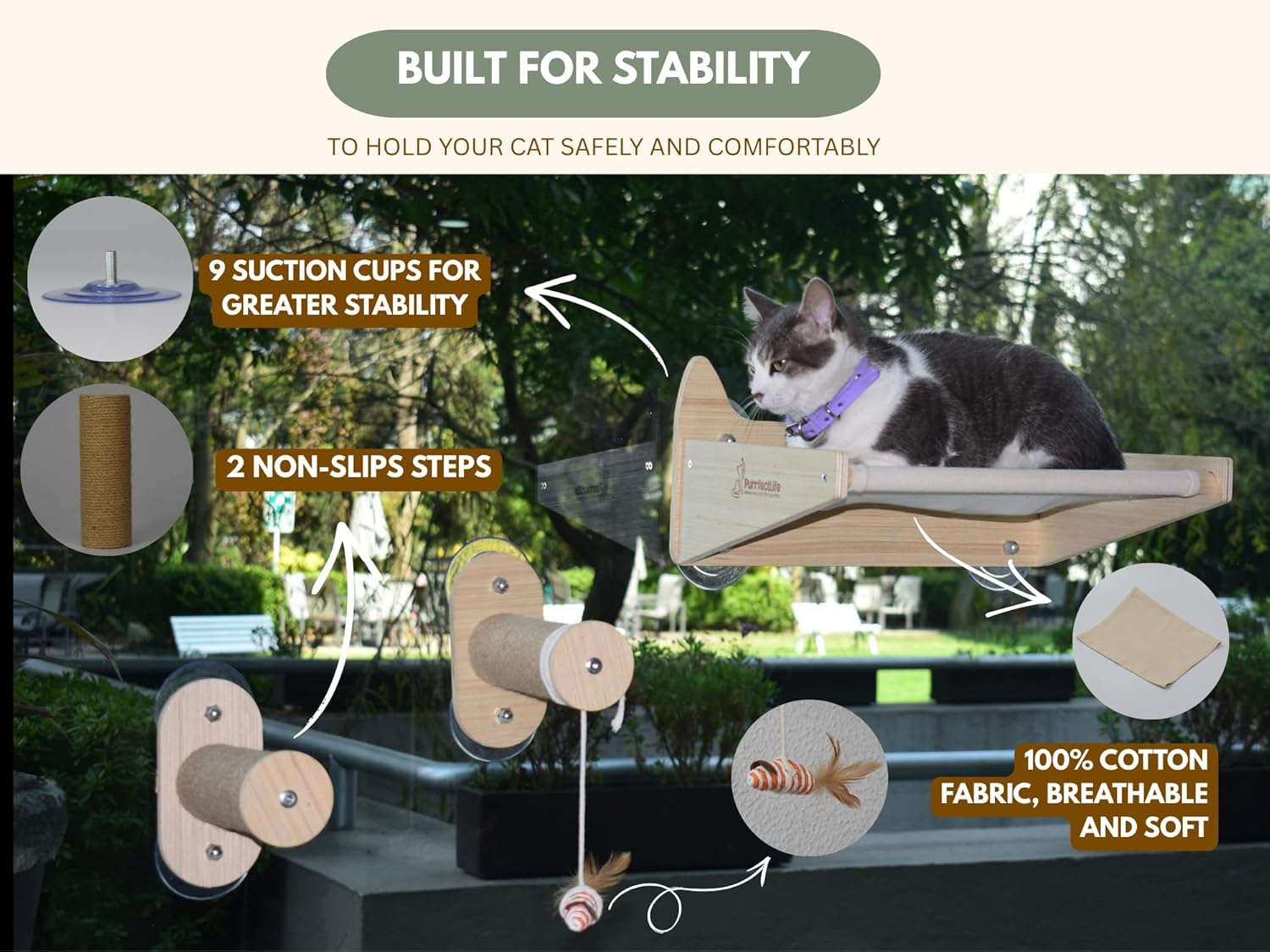 Cat Window Perch & Wall Hammock – 2-in-1 Solid Wood Window Seat with Strong Suction Cups & Wall Mount Option – Indoor Shelf with Climbing Steps + Hanging Toy