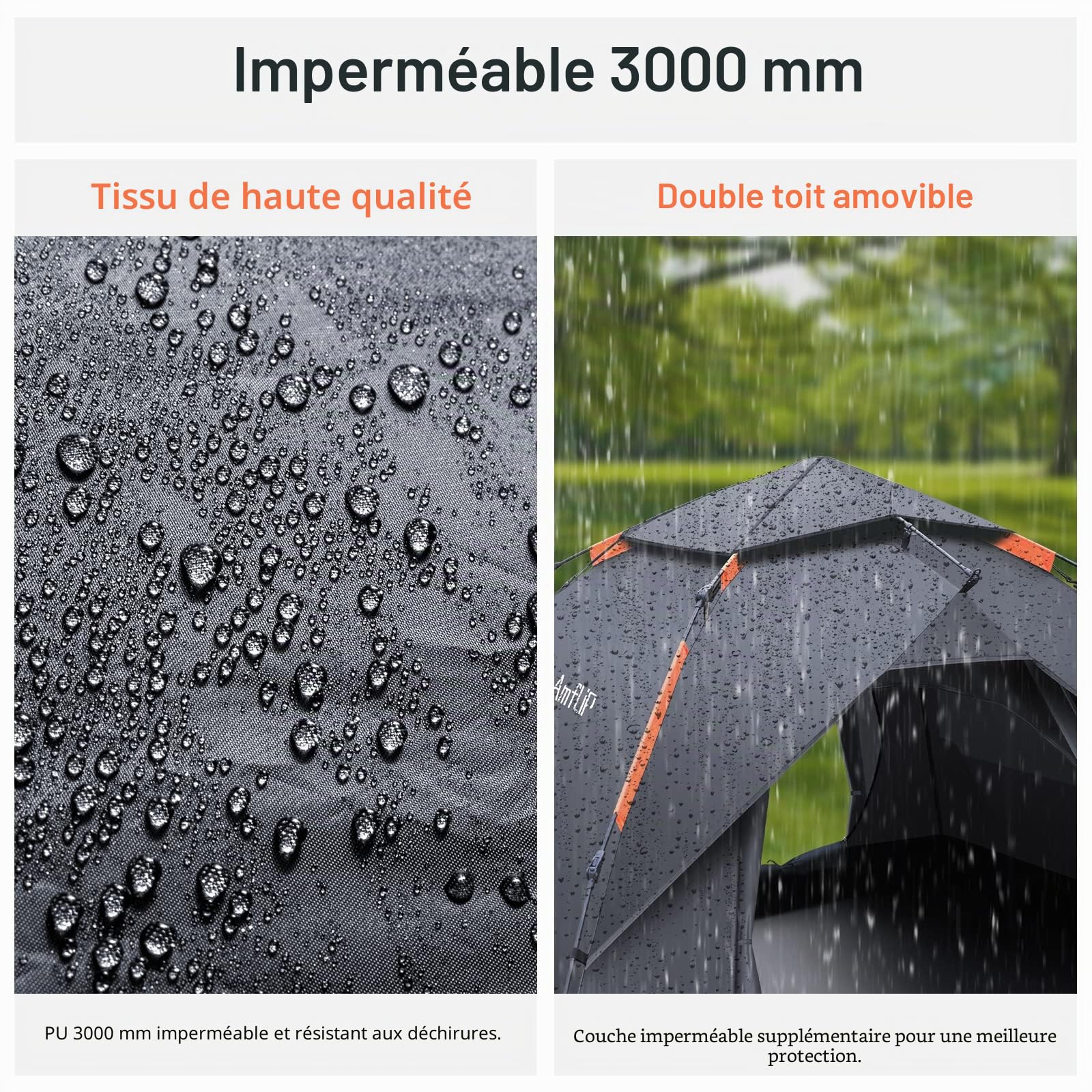 Amflip Tente de Camping 3 Homme Personnes Tente Automatique Instantanée, Double Porte, Imperméable et Coupe-Vent, Tente intérieure et Extérieure 2 en 1, pour Familles Camping Voyage Plein Air
