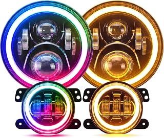 SUPAREE Round RGB 7 Inch LED Headlight Fog Lights with Amber Turn Signal, DOT Approved RGB Halo Light Compatible with Jeep Wrangler Head Light JK JKU TJ LJ 1997-2017