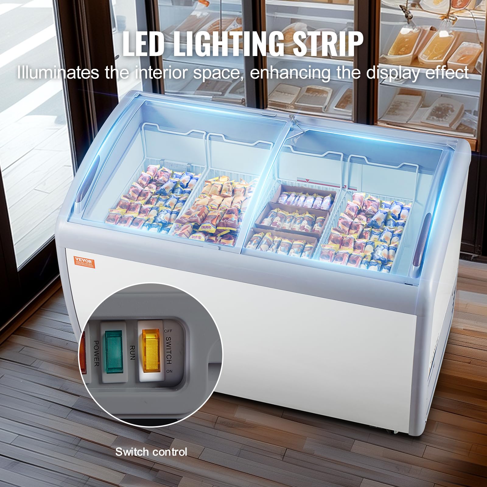 VEVOR Vetrina per Gelato Commerciale 362 L Congelatore Mobile con Piano in Vetro, Armadietto per Gelato per Ristorante, 4 Cestelli Metallici, 2 Porte Scorrevoli in Vetro, Ruote con Bloccaggio, Bianco
