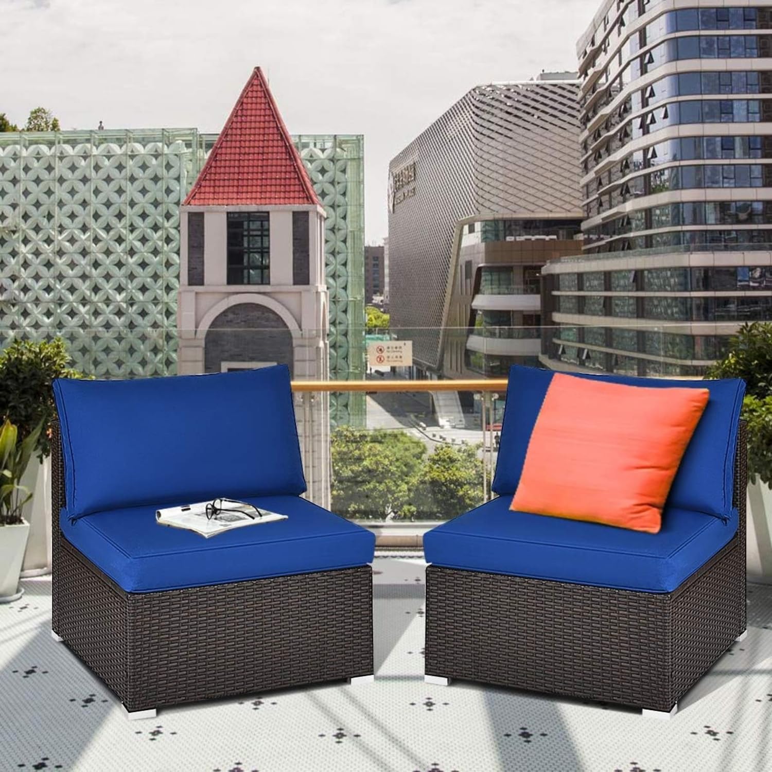 DEVOKO 2 Piece Patio HDPE Rattan Wicker Armless Sofa for Balcony, Porch, Backyard, Poolside, Terrace, Garden, Deck, Lawn, Indoor & Outdoor Furniture Set (Dark Brown & Blue)-image-3