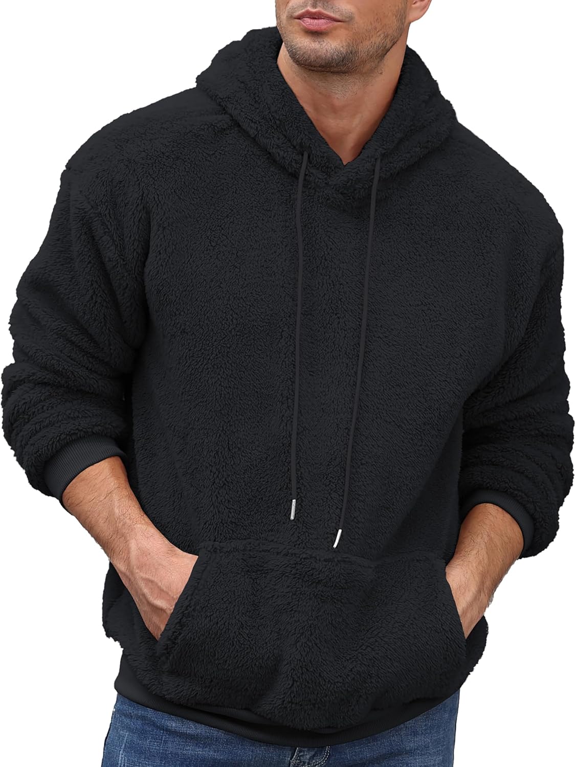 Aimeilgot Mens Hoodie Sherpa Fuzzy Soft Casual Sweatshirts Long Sleeve Classic Pullover Drawstring Hooded Outwear with Pocket - Image 3