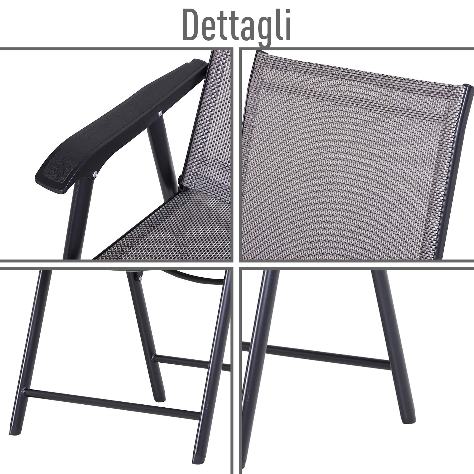 Outsunny Set 2 Sedie da Giardino Pieghevoli con Braccioli, Sedie per Pranzo da Esterno in Metallo e Texteline, da Patio, Balcone, Terrazza, Esterno e Interno, 58x64x94cm, Grigio