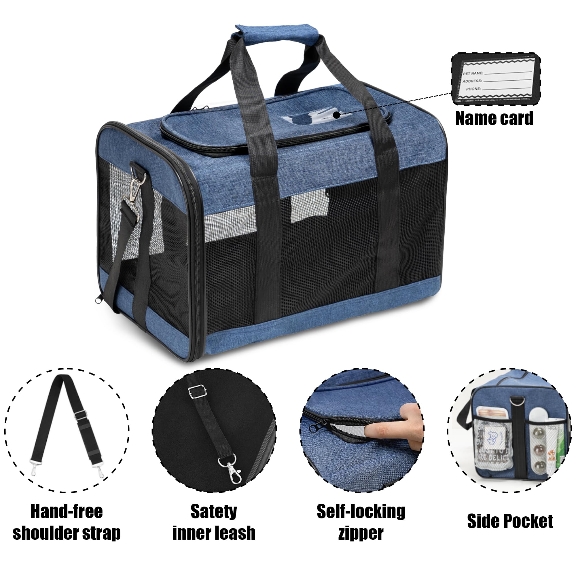HITSLAM Trasportino Gatto, Trasportino Cane per Gatto/Gatti/Cane/Cani, Trasportino Morbido e Aereo Borsa per Animali Domestici Viaggio,Conforme agli Standard, blu (M)
