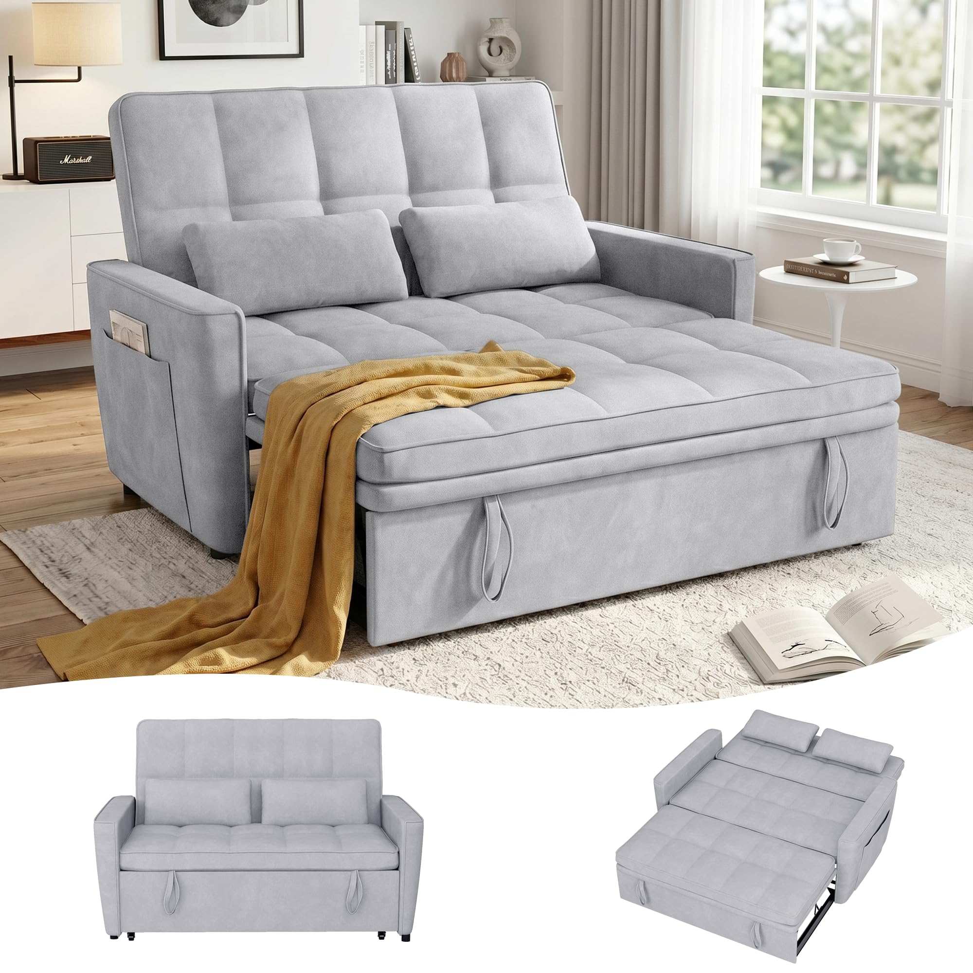 tiramisubest 54'' Sleeper Sofa Bed, Convertible Pull Out Couch Futon for for Living Room,Apartment (Ashgrey, Loveseat) Side Pockets, Velvet Fabric, Adjustable Backrest, Pull-Out Bed, Easy Assembly