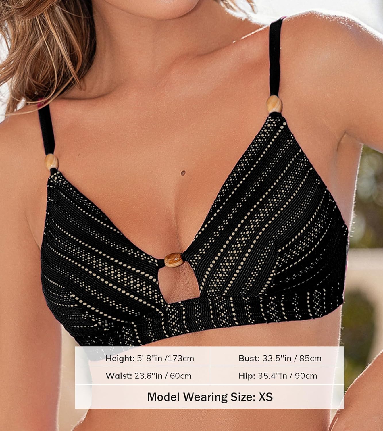 CUPSHE Women's Bikini Top Swimsuit Only V Neck Textured Bathing Suit Back Hook Adjustable Straps Beading