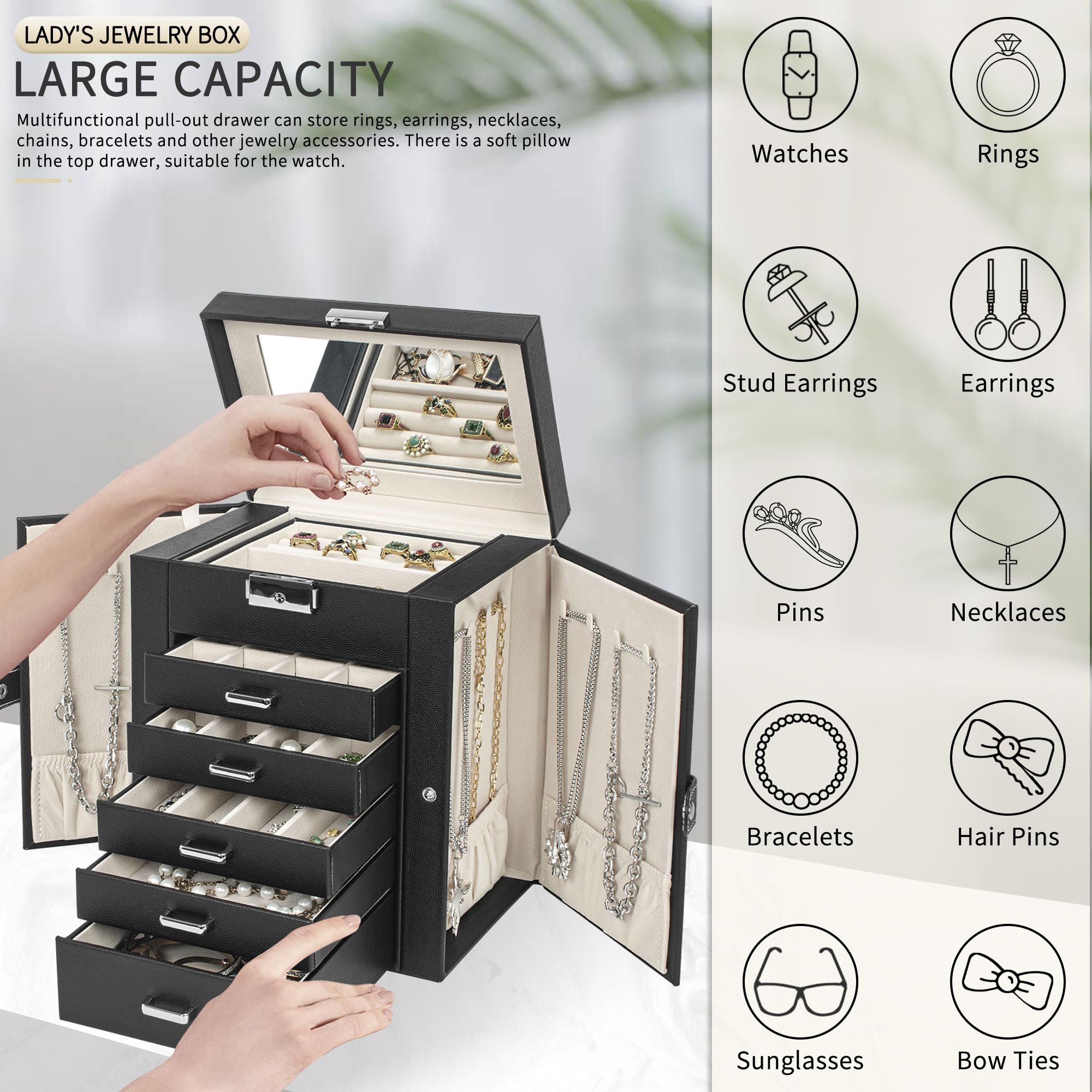 AKOZLIN 6 Layer Jewelry Box Lockable, Leather Jewelry Storage Case with ...