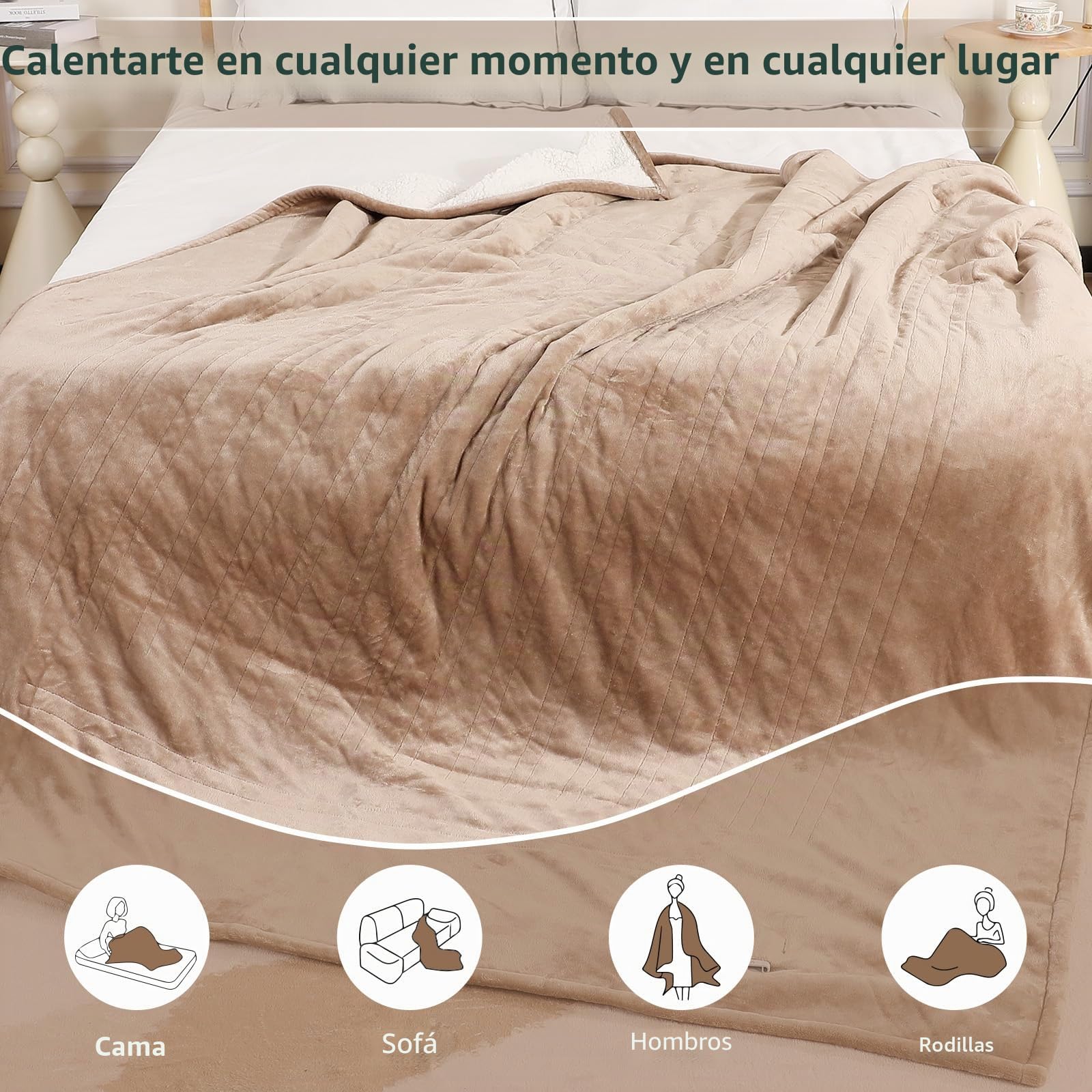 ESTINGO Manta Eléctrica 180x130 cm, Manta Calefactora de Franela y Sherpa para Sofá y Cama, 6 Niveles de Temperatura, Temporizador de 10h, Apagado Automático y Lavable, Beige