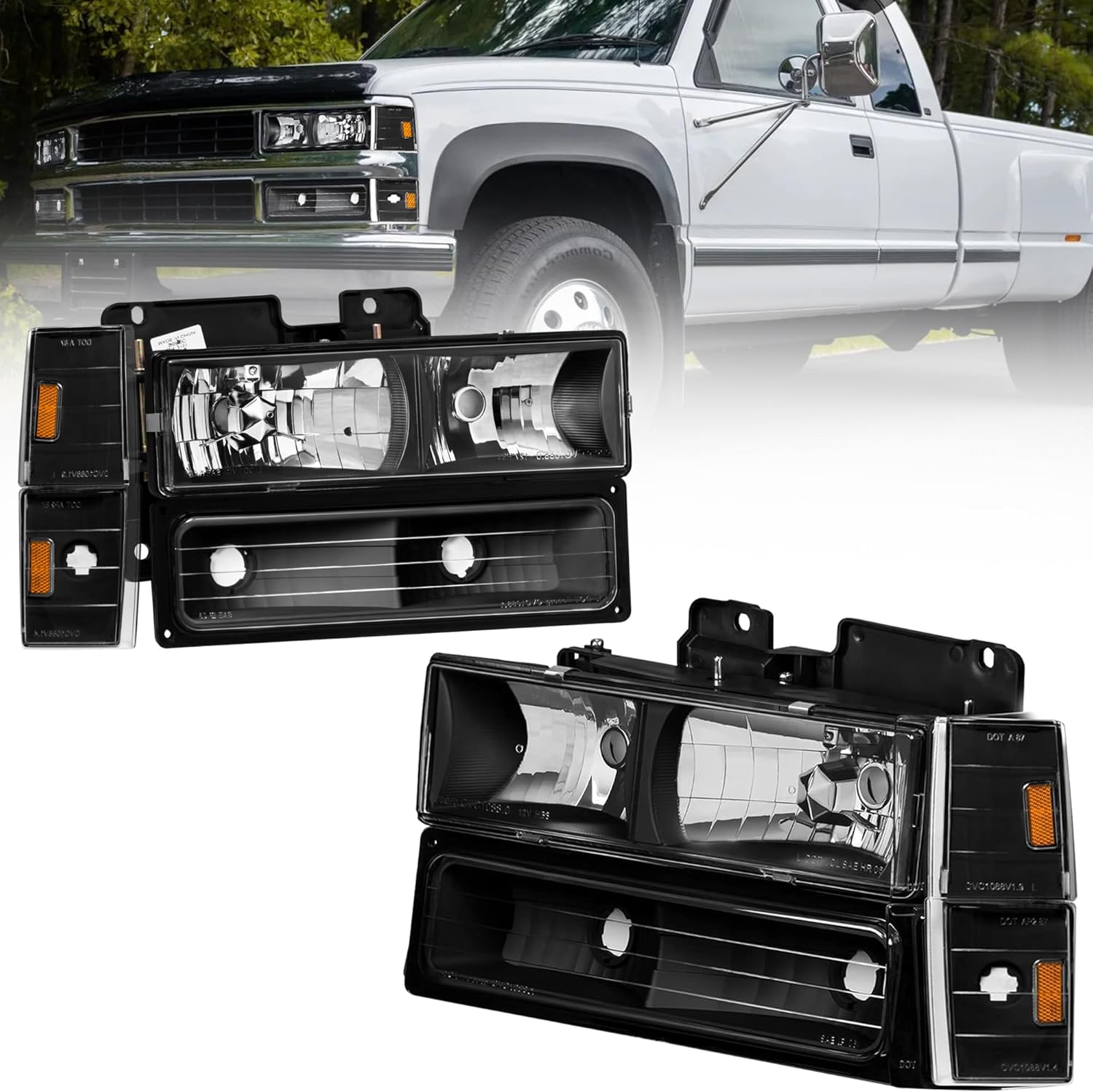 MOSTPLUS Headlights Assembly Compatible for Chevy C/K 1500 2500 3500 1988-1993/Compatible for Chevy C/K 1500 2500 Suburban 1992-1993 Front Lamps with Black Housing/Clear Lens/Amber Reflector