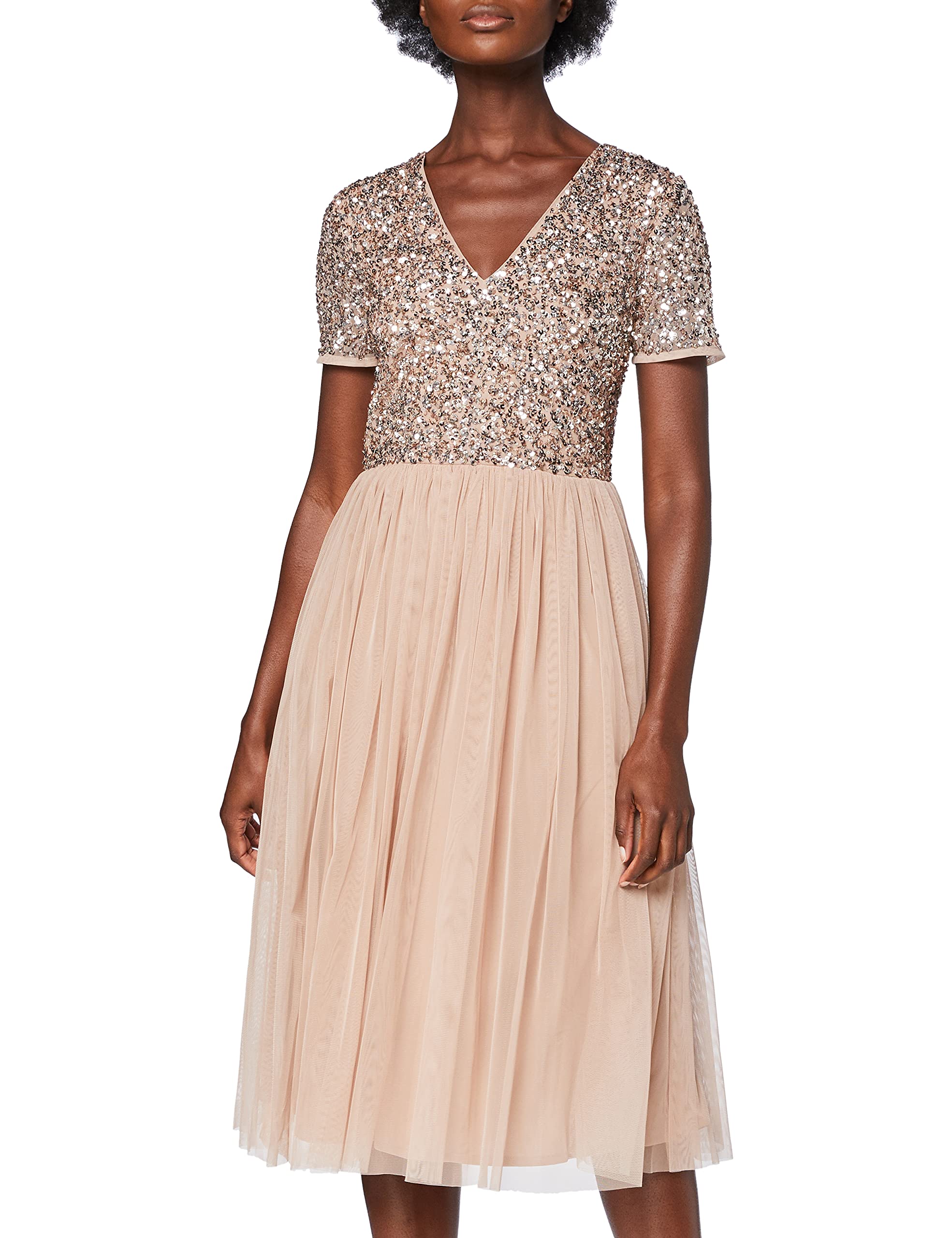 Maya Deluxe Abendkleid mit Pailletten - Cocktailkleid Damen mit V-Ausschnitt - Tüllkleid Damen mit Kurzen Ärmeln