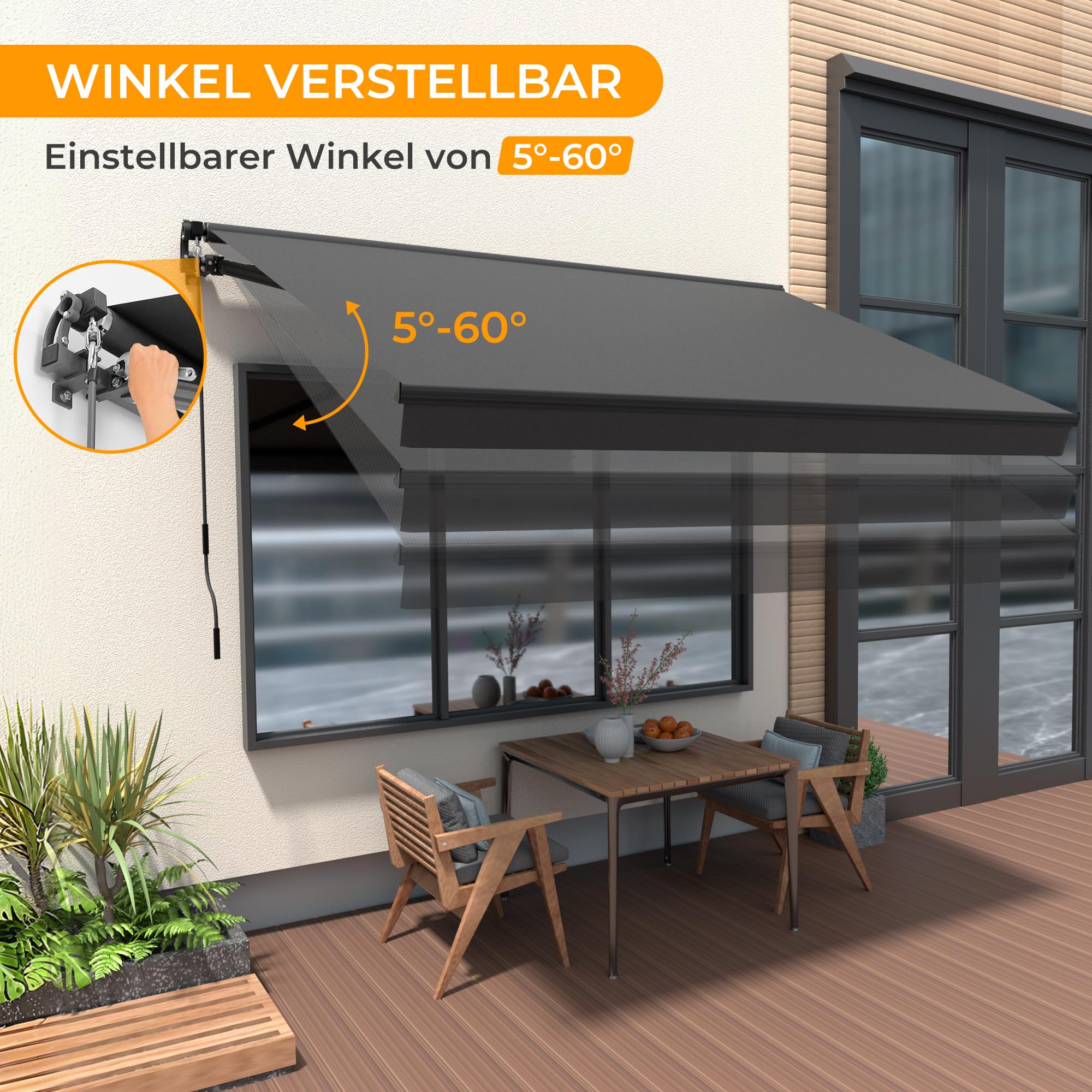 HOMEDEMO Gelenkarmmarkise Markise mit Handkurbel, 300x250cm, Anthrazit, Sonnenmarkise Terrassenmarkise Winkel Einstellung(5-60°), Balkon Markisen mit Wasserdichter Beschichtung inkl. Wandhalterung