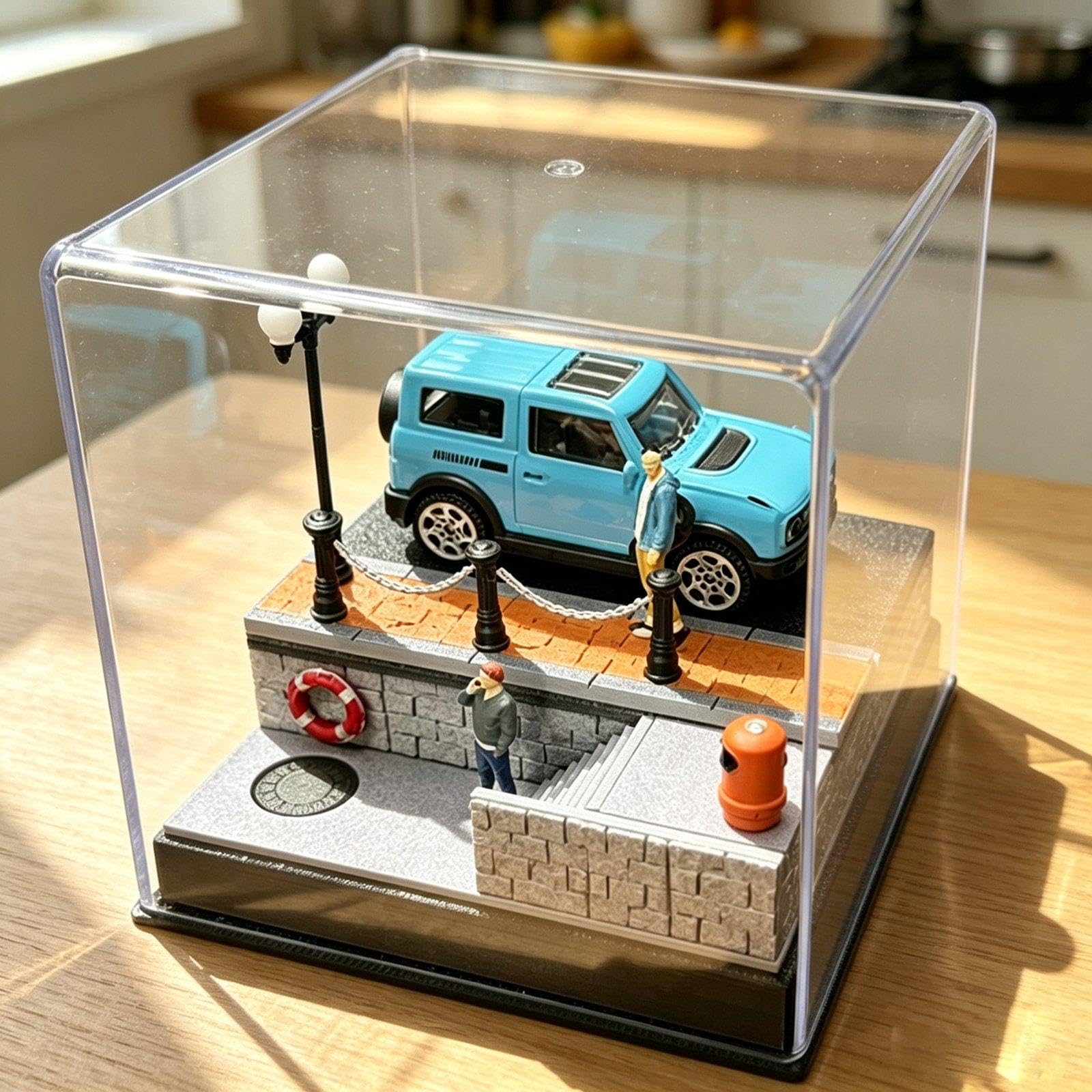 Caja de Exhibición para Modelo de Coche en Miniatura con Detallado Escenario de Aparcamiento Y Figura Humana de Resina con Cubierta Acrílica