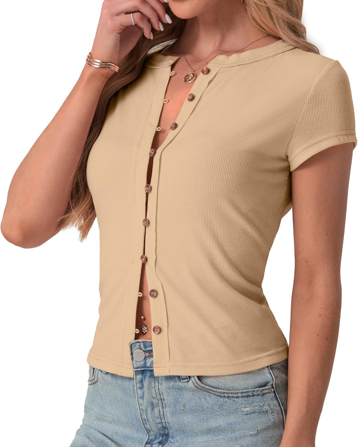 IWOLLENCE Women's Casual Ribbed Knit Short Sleeve Tops Crewneck Button Down Shirt Slim Fit Y2K People Cardigan Tops Apricot, 2XL - Image 3