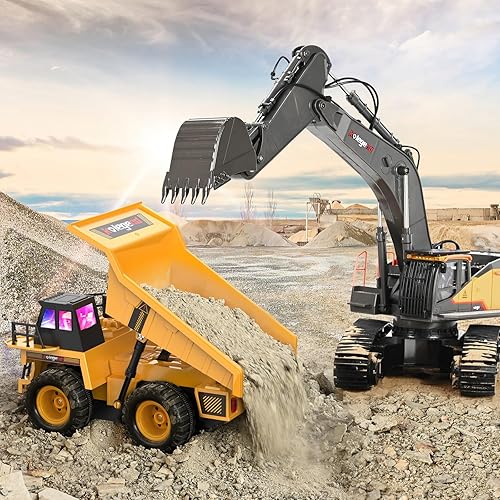 Miniatura 4 de kolegend Camión volquete de juguete con control remoto con efecto de luces y sonidos, vehículos de construcción RC de 9 canales, camiones de regalo