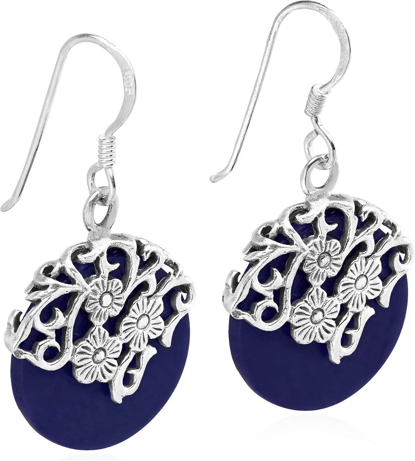 Elegant Flowers on a Vine Simulated Blue Lapis-Lazuli .925 Sterling Silver Dangle Earrings