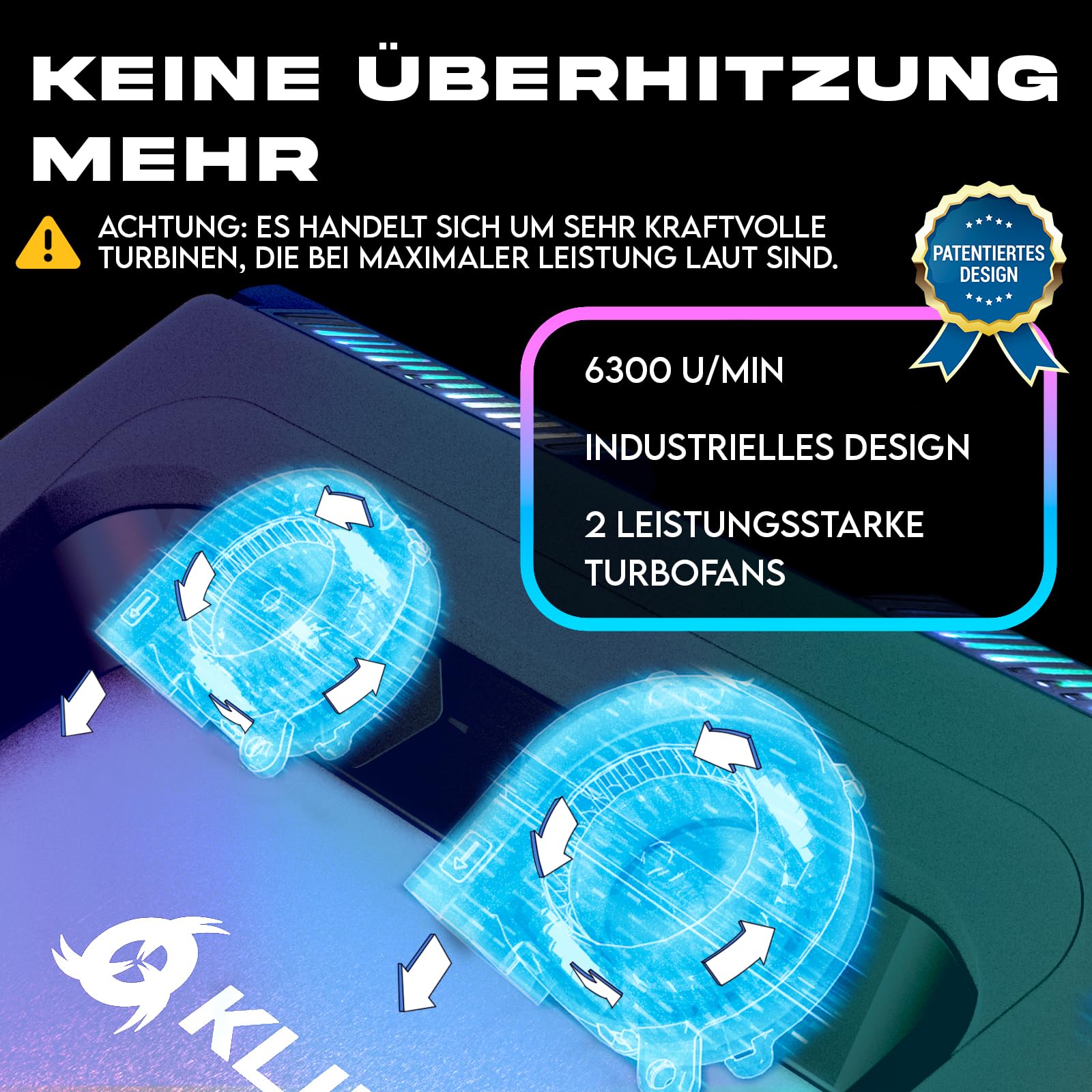 KLIM Everest Plus Gaming Laptop Kühler - Cooling Pad 6300 RPM Turbo-Lüfter | Starker DC-Laptop-Kühler mit Turbo-Lüftern, RGB-Beleuchtung, Schaumstoff-Dichtung - kühlt schnell. Für Laptops 11-17,3 Zoll.
