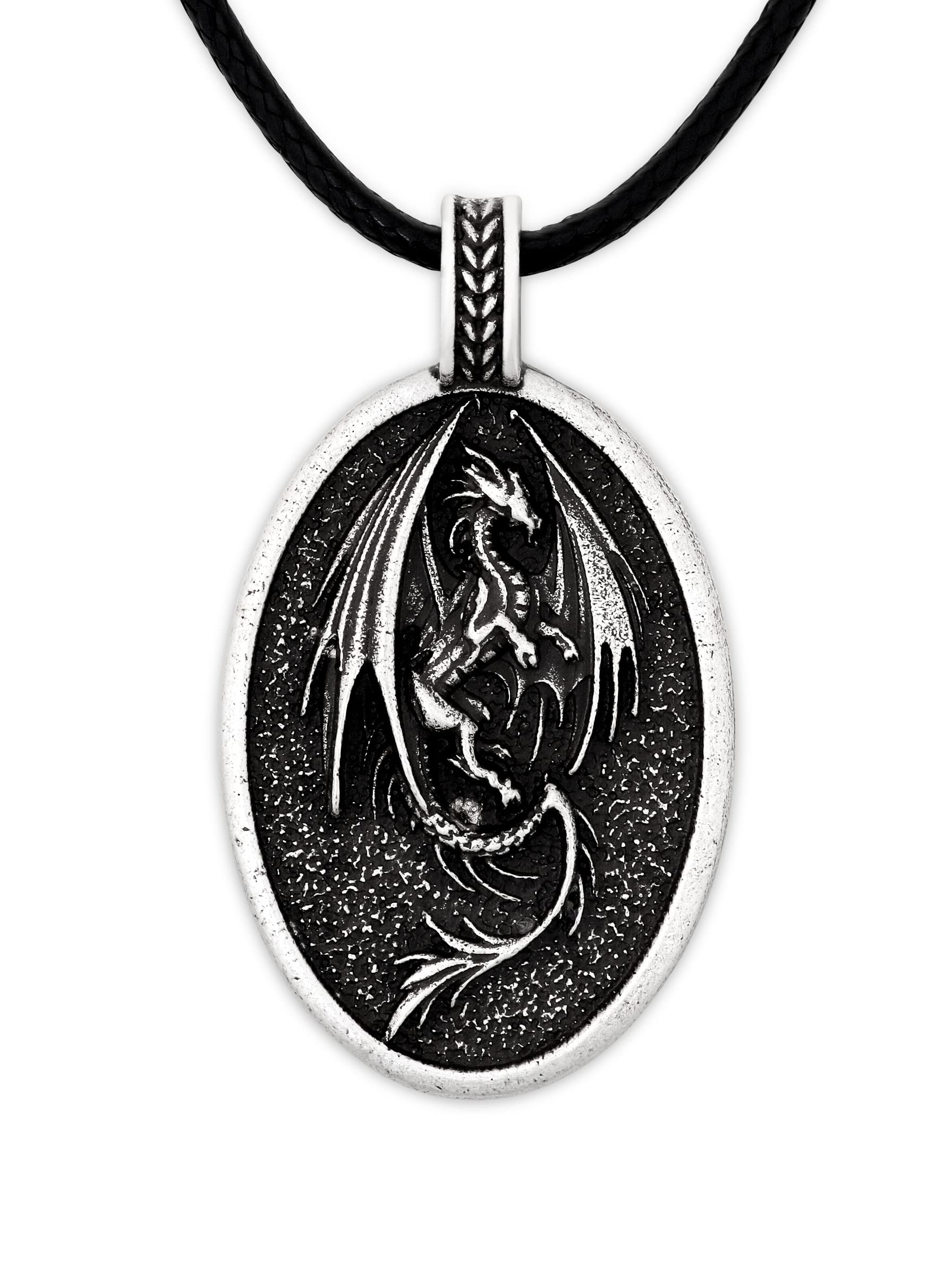 Dragon Necklace, Antique Medieval Dragon Pendant, Faux Leather Cord, Jewelry Gift for Men and Women