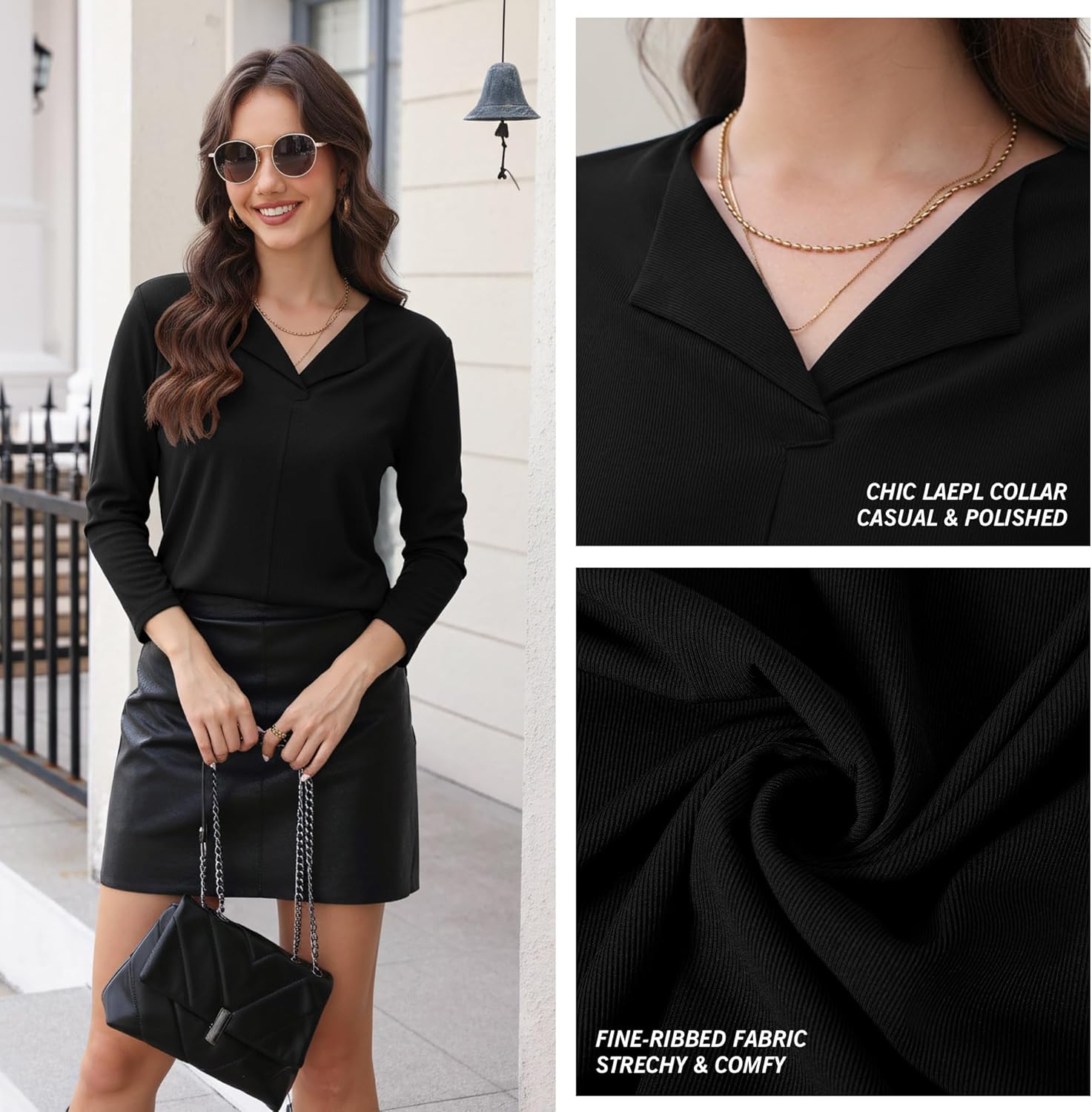 Women's Ribbed Long Sleeve Top Business Casual Collared Work Shirt Slightly Fitted Layering Tshirt - Image 5