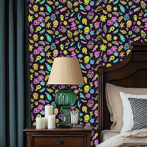 Miniatura 6 de Papel tapiz de calavera de neón para despegar y pegar, arte callejero de graffiti, mural de pared reactivo a la luz negra, adhesivo de pared para