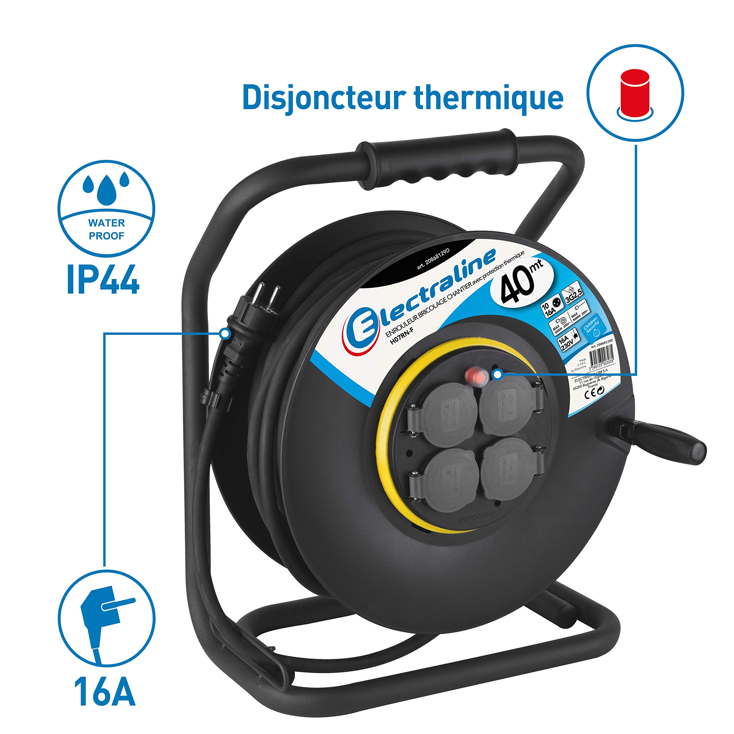 Electraline 20868129D Rallonge Prolongateur électrique IP44 Profesionnelle 40 m avec enrouleur Noir - Section 3G2,5 mm²