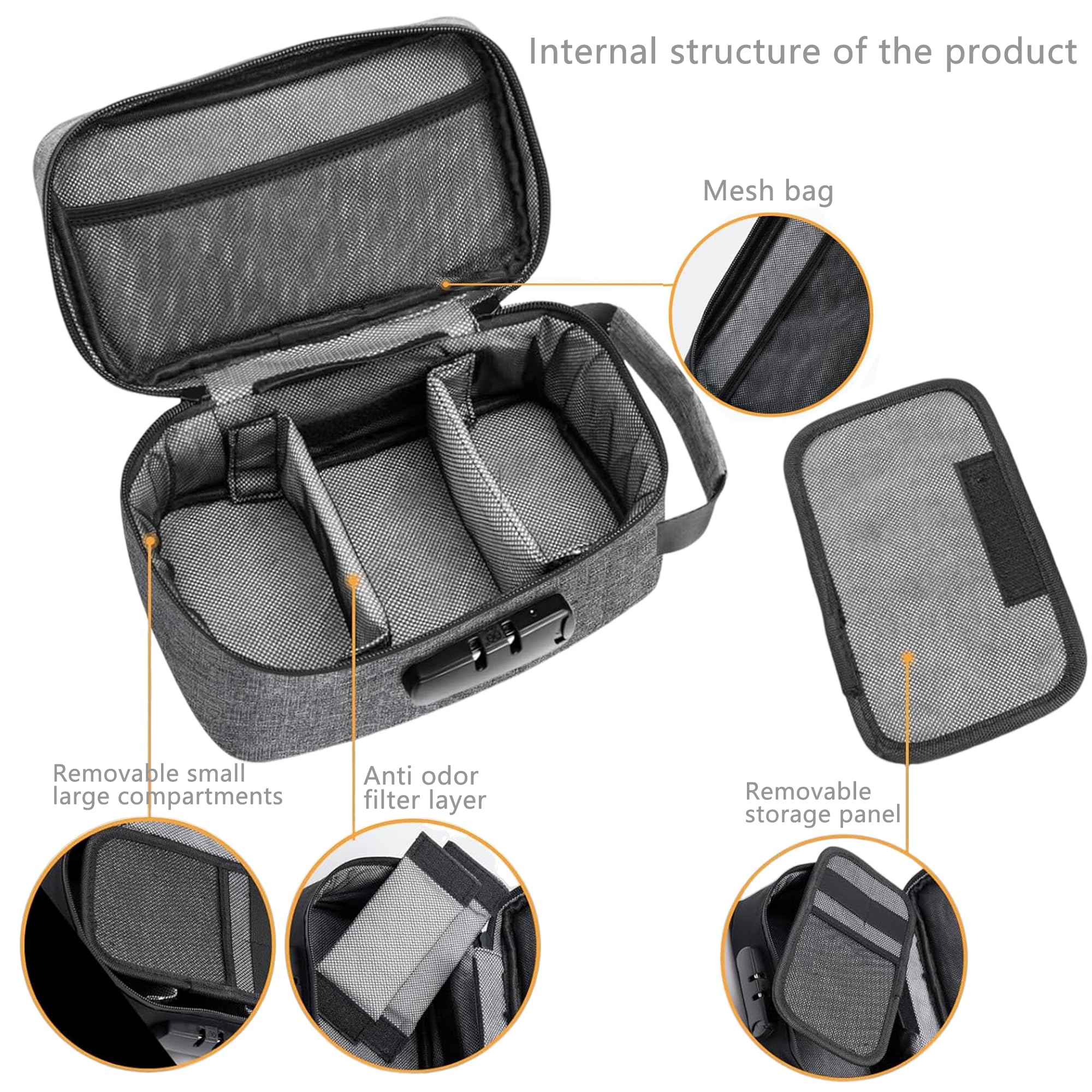 Bolsas a Prueba De Olore，Bolsa De Viaje Con Cerradura De Combinación y Forro De Carbono, Bolsas De Almacenamiento a Prueba De Olores, Bolsa De Carbón Activado, 21 x 11 cm(Gris)