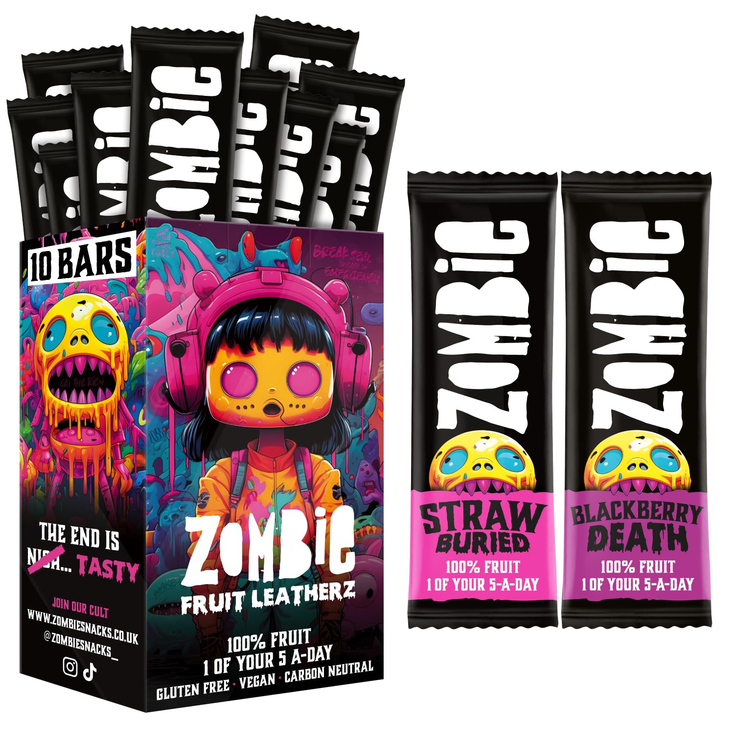 Zombie Fruit Bars, Strawberry & Blackberry (10 Bars, 2 Flavours), 100% Dried Fruit, Healthy Snacks, Adults, Kids, Halloween Trick or Treat, Low Calorie, Gluten Free, Vegan, Halal, Bulk, No Added SugarClimatePartner certified