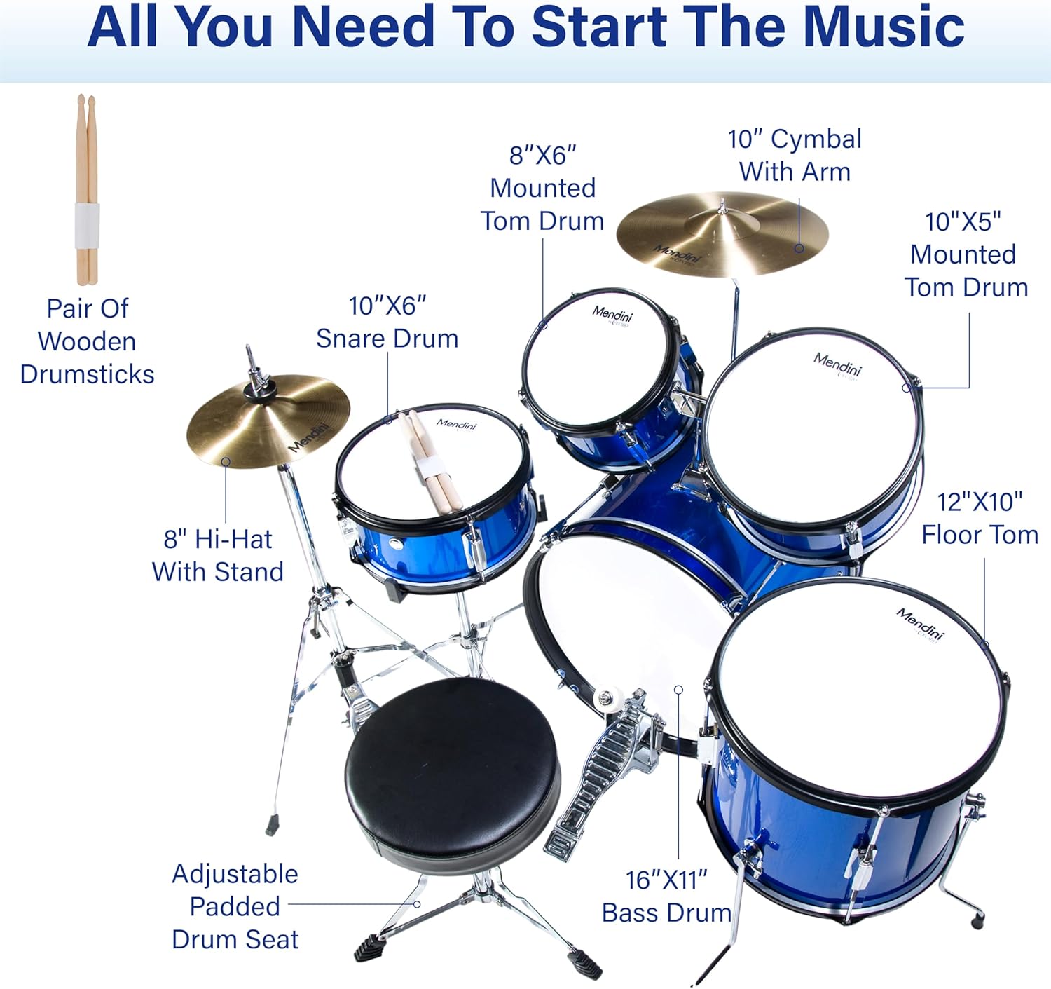 Mendini by Cecilio Drum Set, 5 Piece 16 Inch Junior Drums Kit with Bass, Toms, Snare Drum, Cymbal, Hi-Hat, Drumsticks & Seat for Beginner (Metallic Blue)