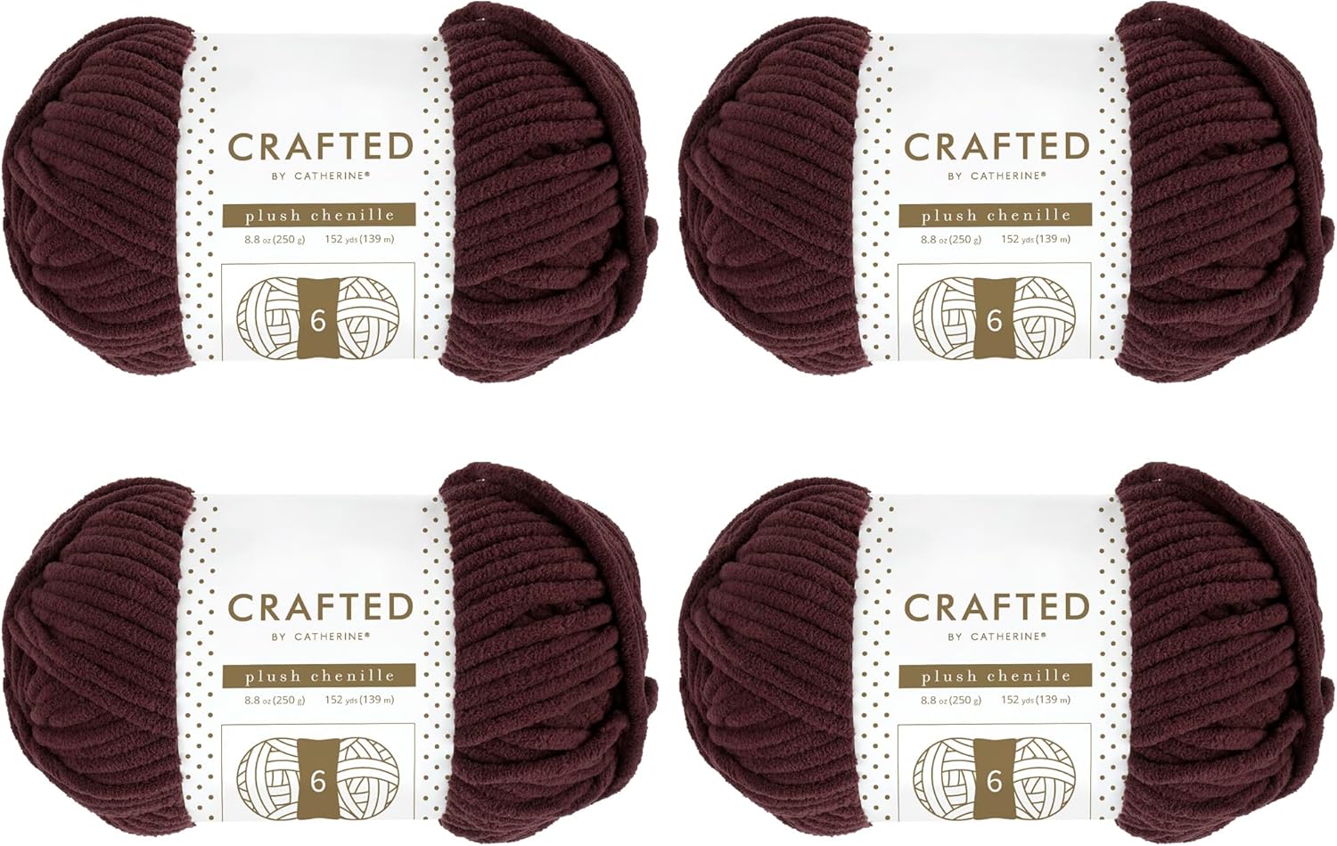 Crafted by Catherine Plush Chenille Yarn for Knitting, Crocheting and Amigurumi - 4 Pack (8.8 oz / 250g, 152 Yards Each Skein), Brown, Gauge 6 Super Bulky