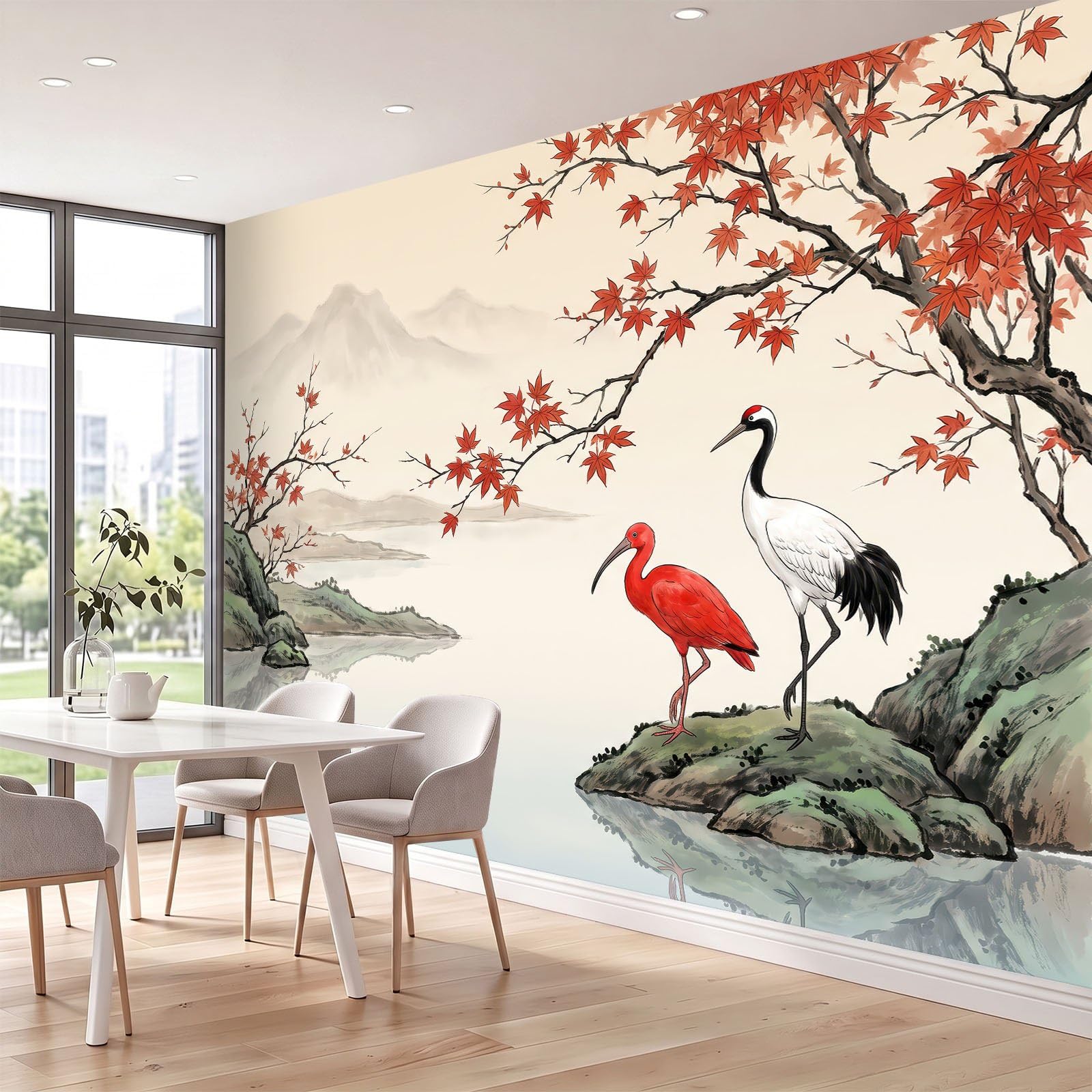 Tradycyjna japońska tapeta panoramiczna - Dekoracja ścienna XXL Żuraw Liść Derable Mountains Riviere - Mural Tapeta z włókniny do sypialni salonu biura - Fototapeta 350 x 256 cm