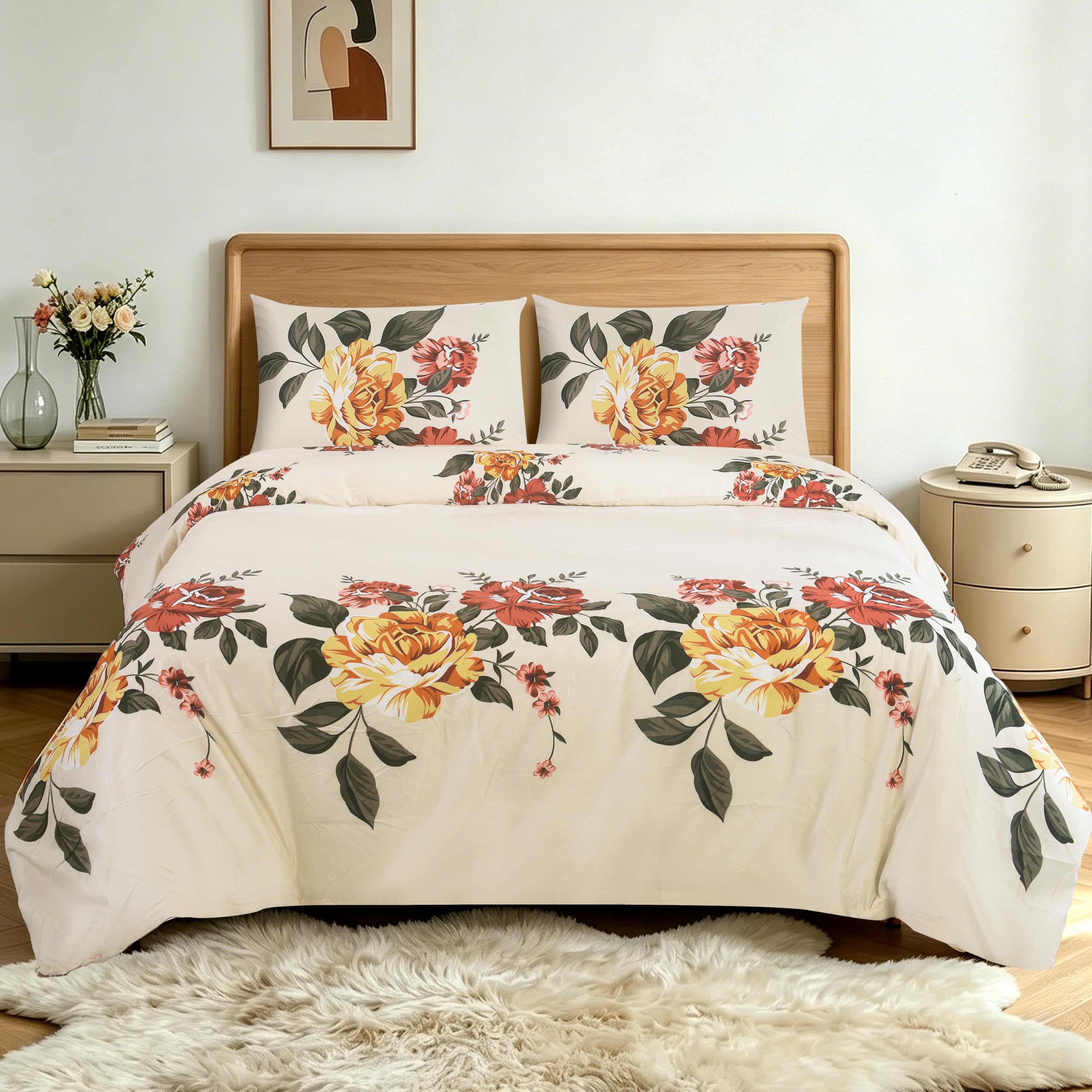 CHARKHAH 4 Piece Reversible Duvet Cover Set, Soft Brushed Microfibre Bedding with Fitted Sheet & 2 Pillowcases, Breathable Anti-Allergy Easy Care – Single, Double, King & Super King