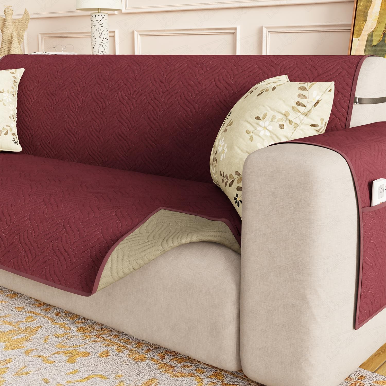 Lukzer 3 Seater Reversible Quilted Sofa Mat - Aqua Weave Pattern | Maroon | 250 GSM Polyester Sofa Runner with Arms & Deep Storage Pocket | Machine Washable Sofa Cover with Elastic Belt (SC-218-03)-picture-11