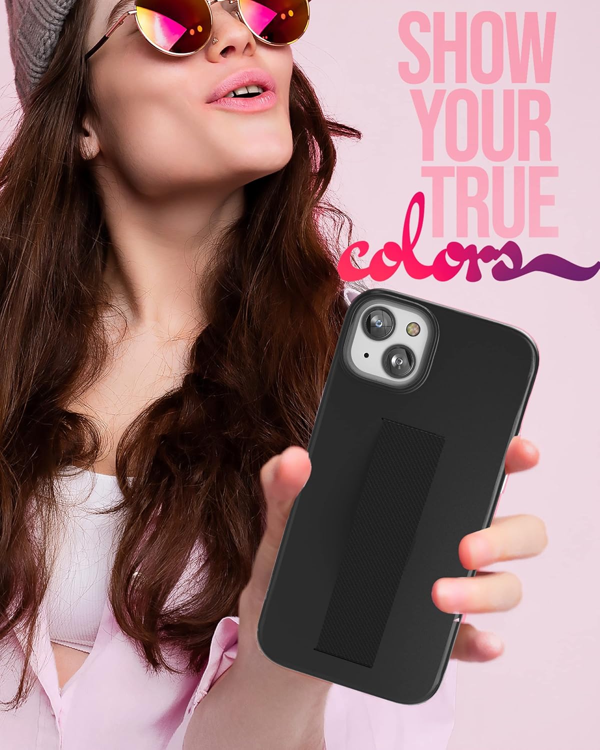 ENCASED Hand Strap Case Compatible with iPhone 14 Plus with Finger Loop Grip and Tempered Glass Screen Protector (Black) - Image 6