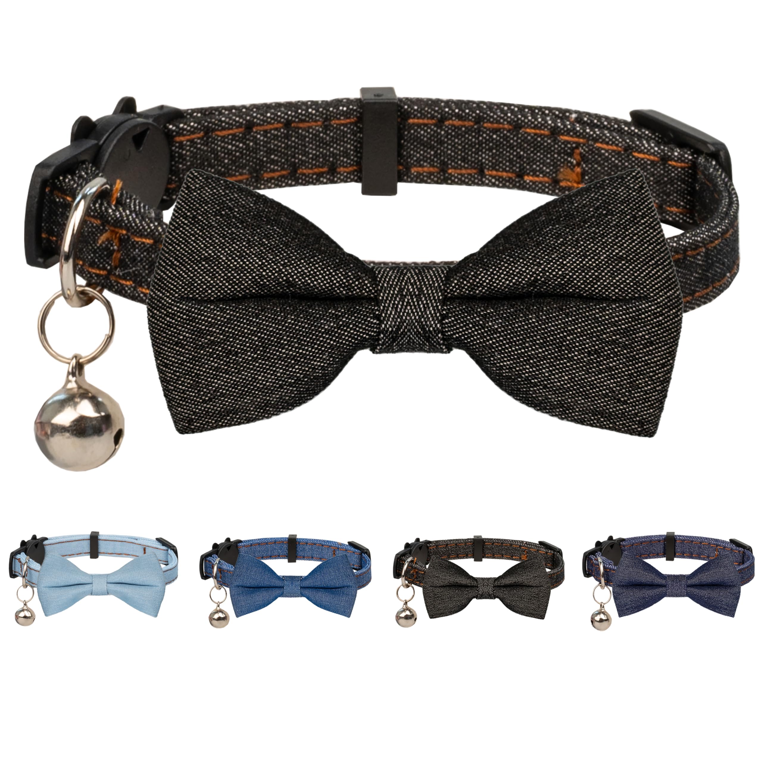 Gyapet Cat Collar with Big Bow Tie Bell Safety Breakaway Blue Jeans Style Basic Solid Color Kitten Pet [1pc] Black