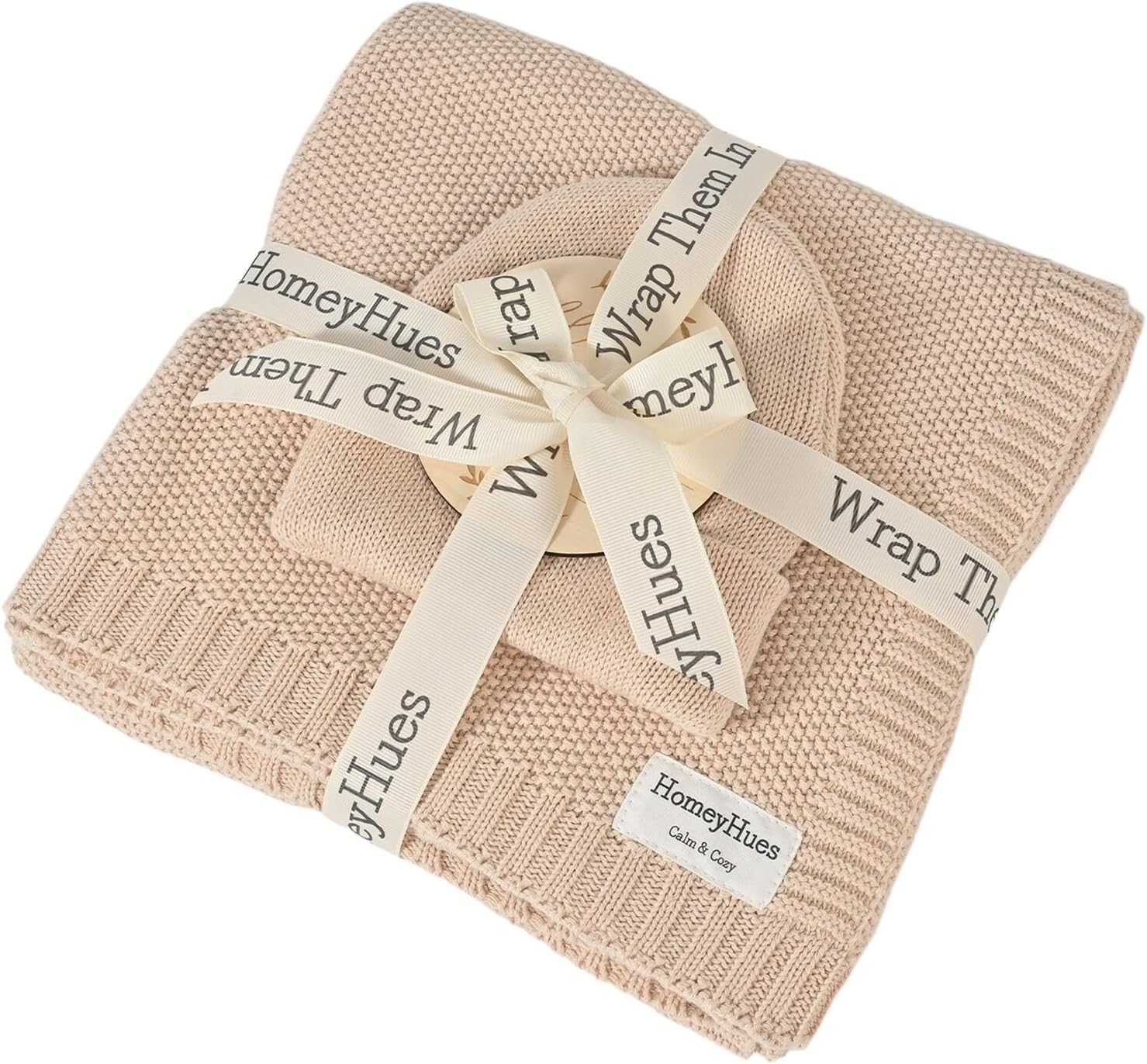 Luxury Baby Gift Set for Newborns - 100% Cotton Knit Blanket Essentials with Matching Beanie, Thoughtful Baby Shower & New Baby Gift for Boys & Girls (Sandy Beige)