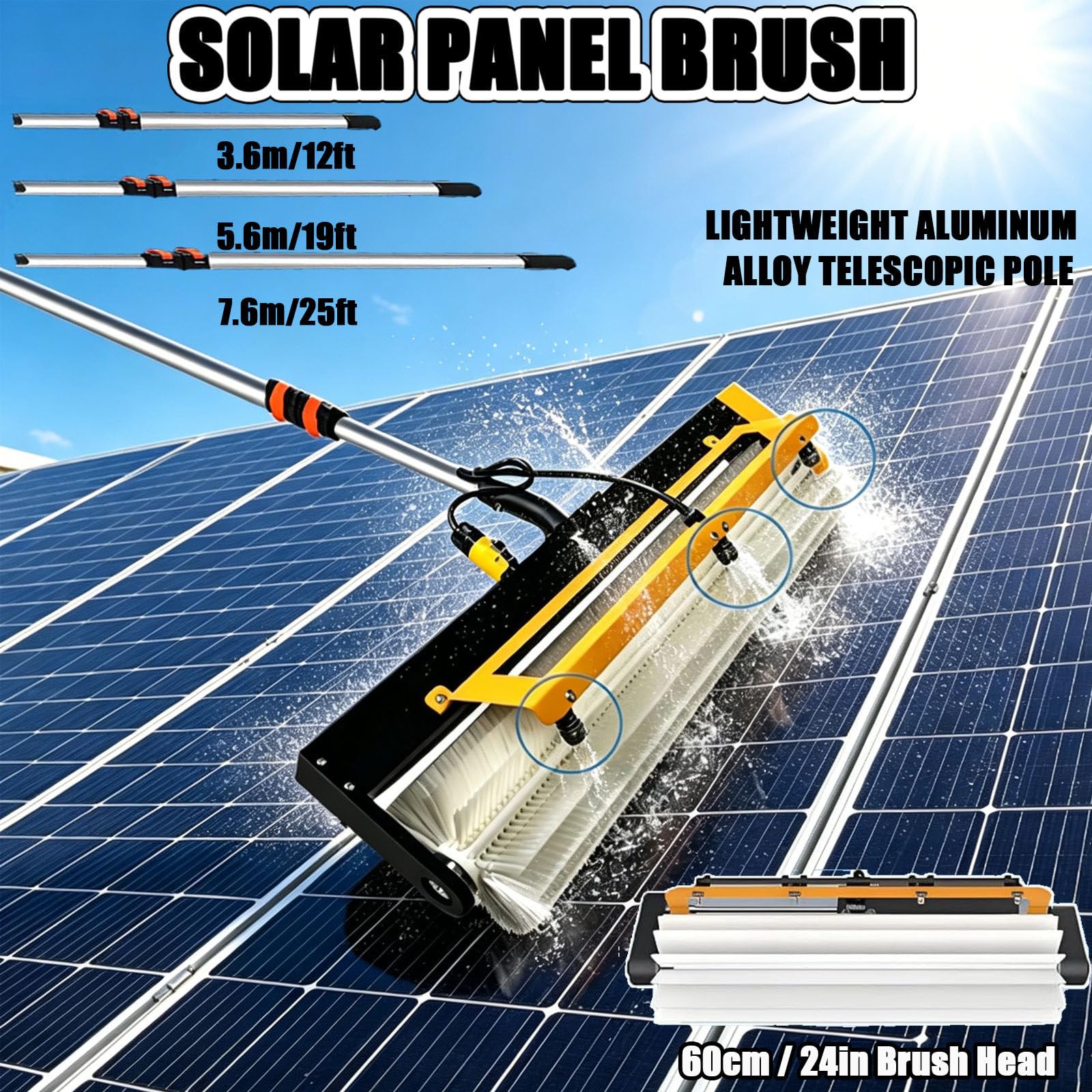 Cepillo de limpieza de paneles solares, cepillo eléctrico de rodillo de lavado de paneles fotovoltaicos, 150 W/380 rpm, modos húmedo/seco, cabezal de 60 cm, poste de alimentación de agua de 3,5 m