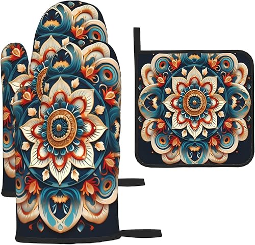 Juego de manoplas de horno y soportes para ollas con mandala étnico bohemio, resistentes al calor, guantes de cocina y agarraderas para cocinar,