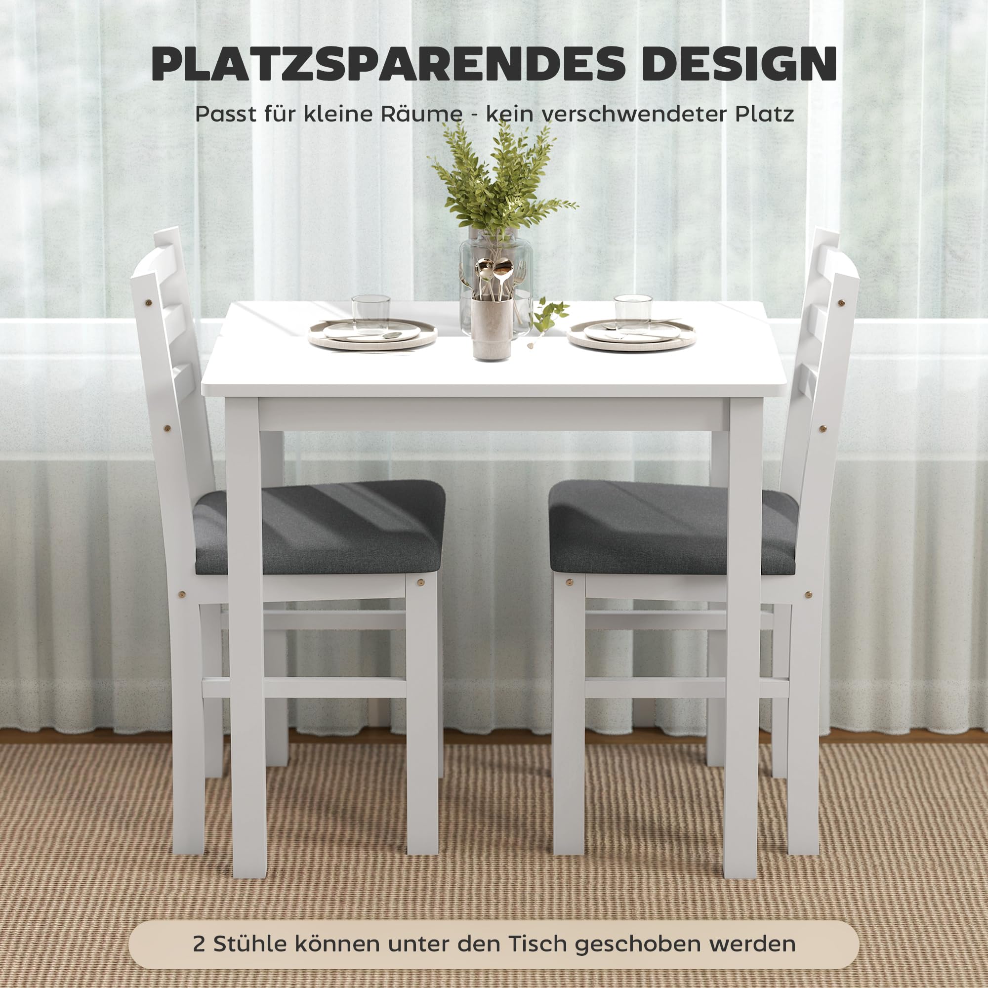 HOMCOM Essgruppe Holz 80 x 60 cm Esstisch mit 2 Stühlen Platzsparend Esszimmergruppe Sitzgruppe Rechteckig Küchentisch mit gepolsterten Essstühlen für kleine Raum, Esszimmer, Küche, Weiß