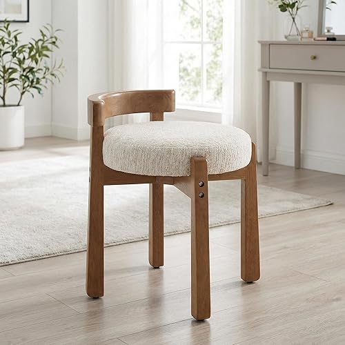 Miniatura 9 de DUOMAY Moderno tocador de maquillaje de chenilla, otomano tapizado con respaldo bajo con patas de madera maciza, lindo reposapiés redondo, taburete