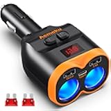 PD20W USB-C QC3.0 Fast Charger Car Adapter 120W 2-Socket Cigarette Lighter Adapter 12/24V with Dual USB-A Separate Switch LED Voltmeter Replaceable Fuse for GPS/Dash Cam/Phone/iPad