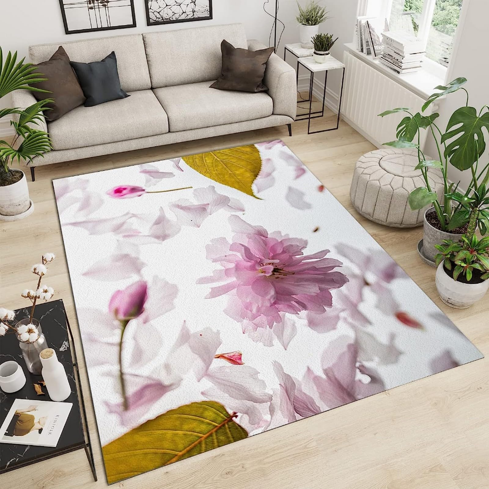 Tapis pour enfants feuille rose 100x200 cm antidérapant en polyester lavable