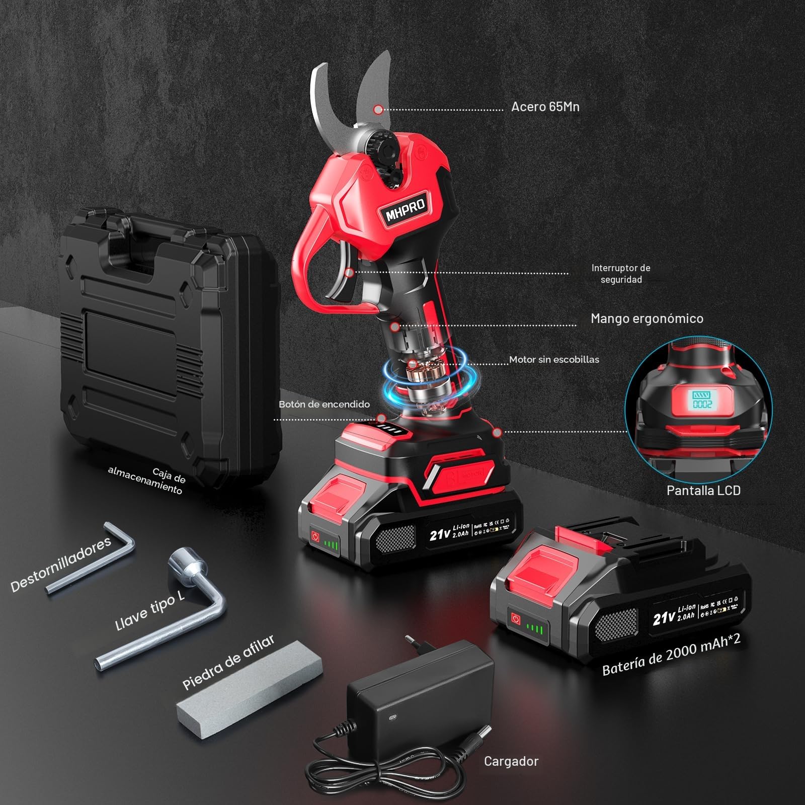 Tijeras de Podar Electricas Sin Escobillas, MHPRO Tijeras de Podar 21V con Baterías 2x2000mAh, Pantalla LCD, Tijeras podar Bateria para Jardinería, Árboles Frutales, Viñedos y Granja, Rojo