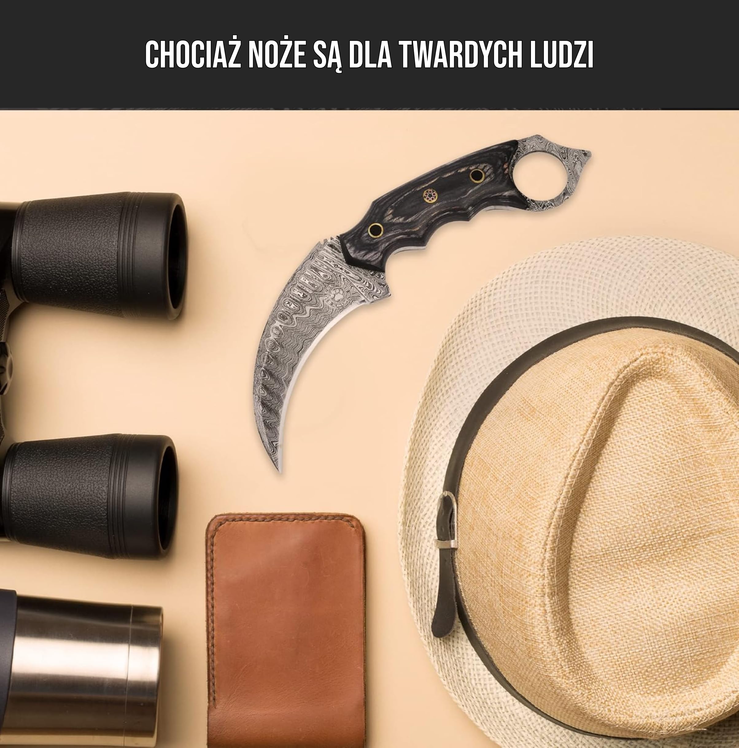 BIGCAT ROAR Nóż Karambit Damascus 7,5″ Ręcznie Robiony z Skórzanym Pokrowcem - Idealny do Skórowania, Kempingu, Na Zewnątrz - Pełno Tangowy Nóż Karambit z Rączką z Drewna Orzechowego - Desert Fox