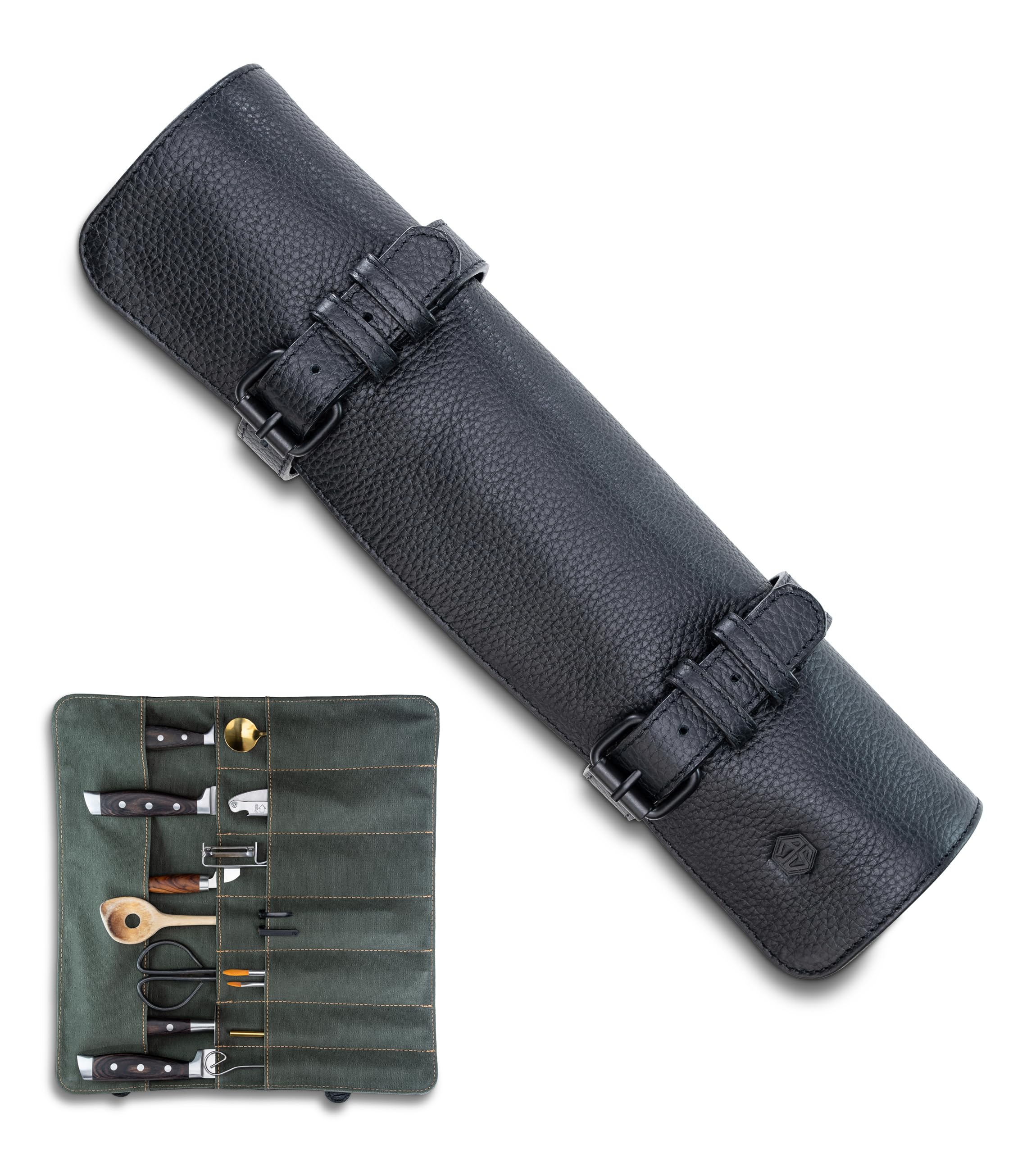 Angus Stoke Buffalo Leather Chef's Knife Bag | 14 Compartments Leather Knife Roll for Chefs - Knife Cooking Bag Large Duplex, black, Roll Knife Pouch