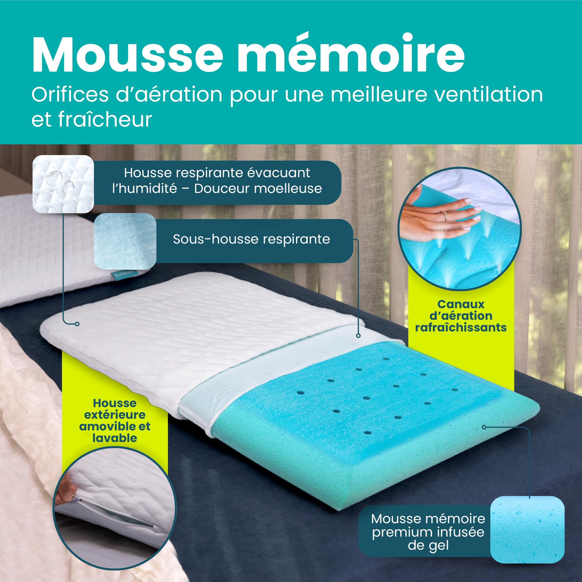 BLISSBURY Oreiller rafraîchissant en Mousse à mémoire de Forme – 6,6 cm d'épaisseur – pour Les dormeurs sur Le Ventre et Le Dos – Grand lit – Housse Amovible Cool-Tech certifié CertiPUR-US