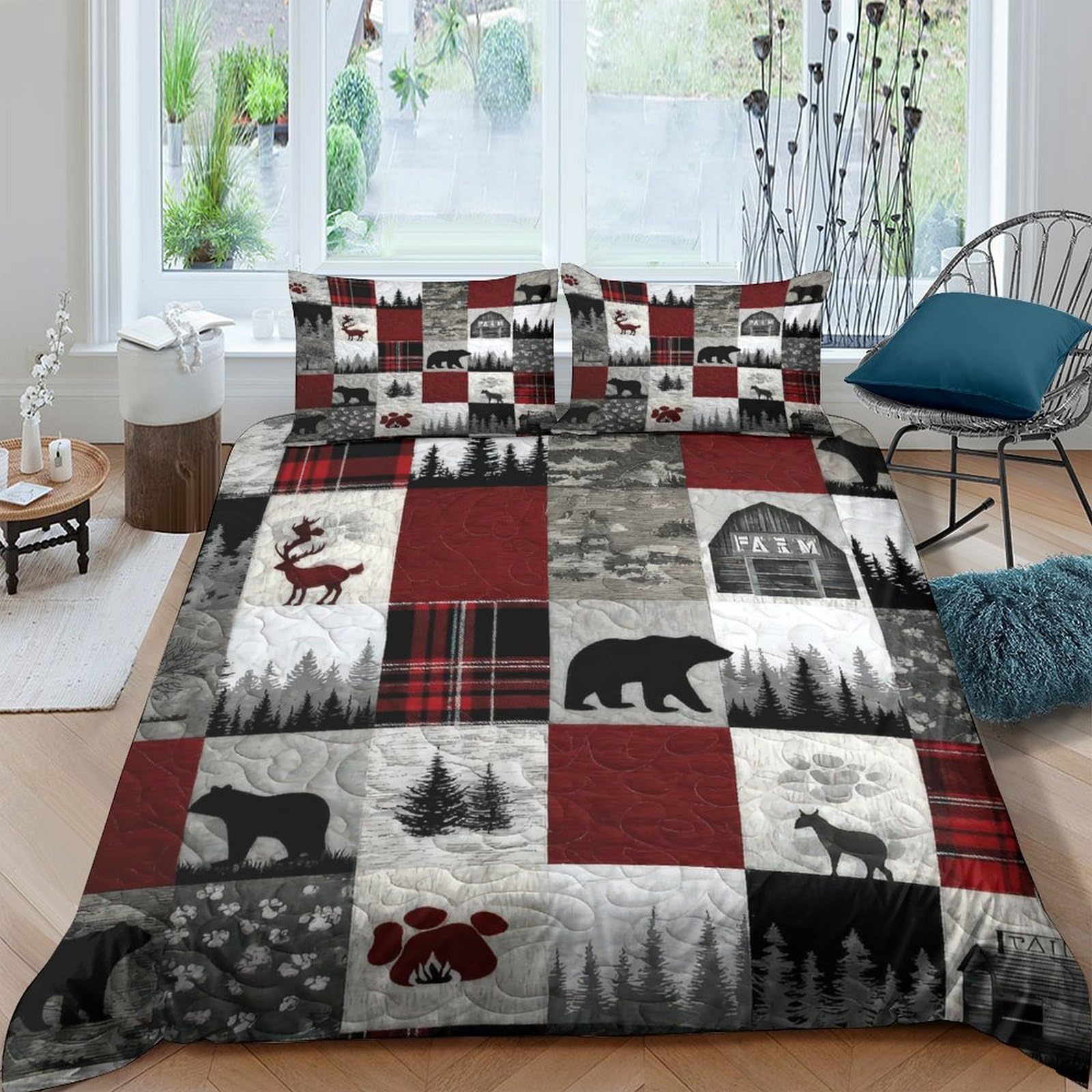 UNRXJZLVM Lodge Patchwork Red Bear Duvet Set Microfiber Teen Bedding