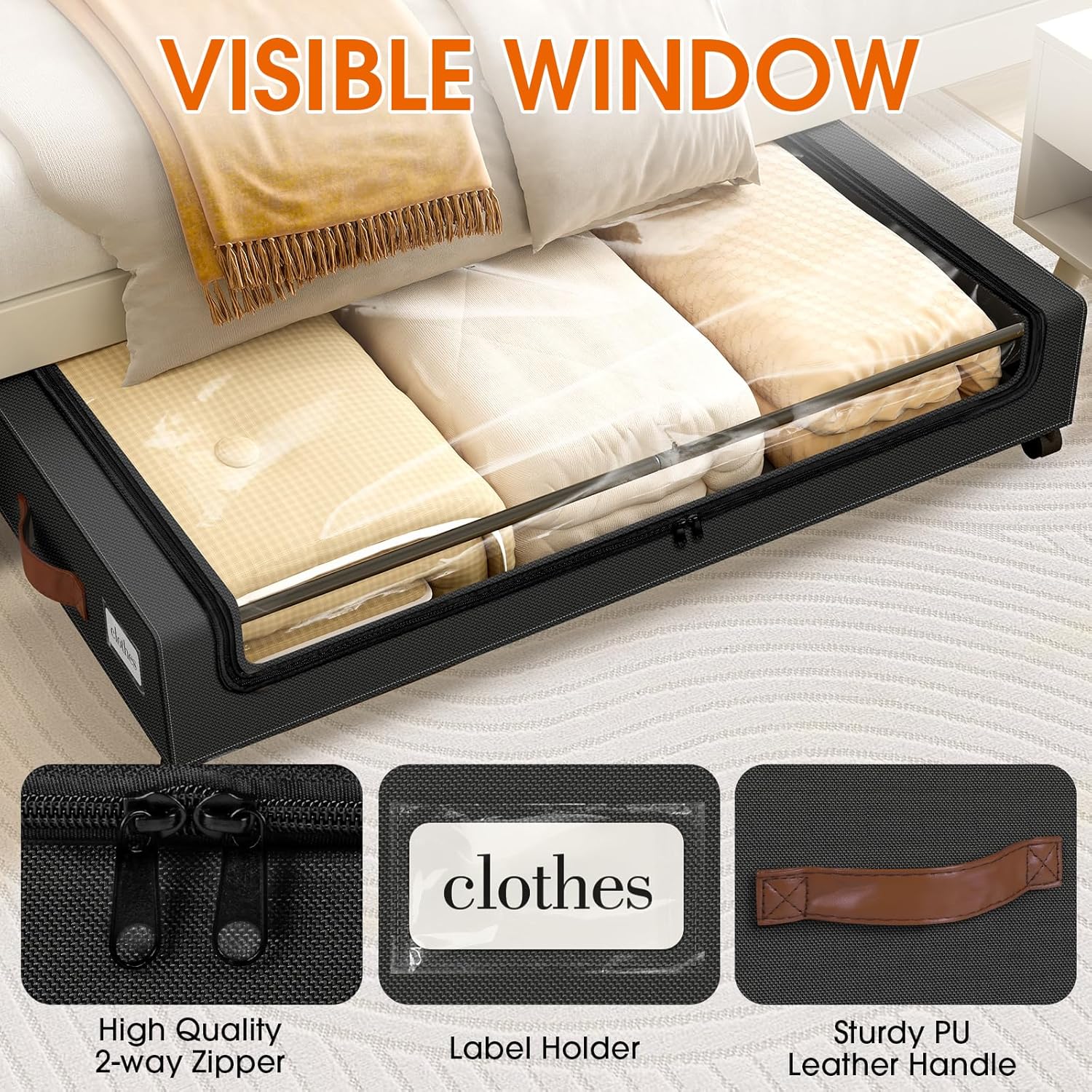 Under Bed Storage with Wheels 2Pack Storage Containers with Clear Window&Label Under Bed Drawers Rolling Under Bed Storage for Clothes,Shoes, Blankets (30.71 x 16.93 x 6.69 in, Black)