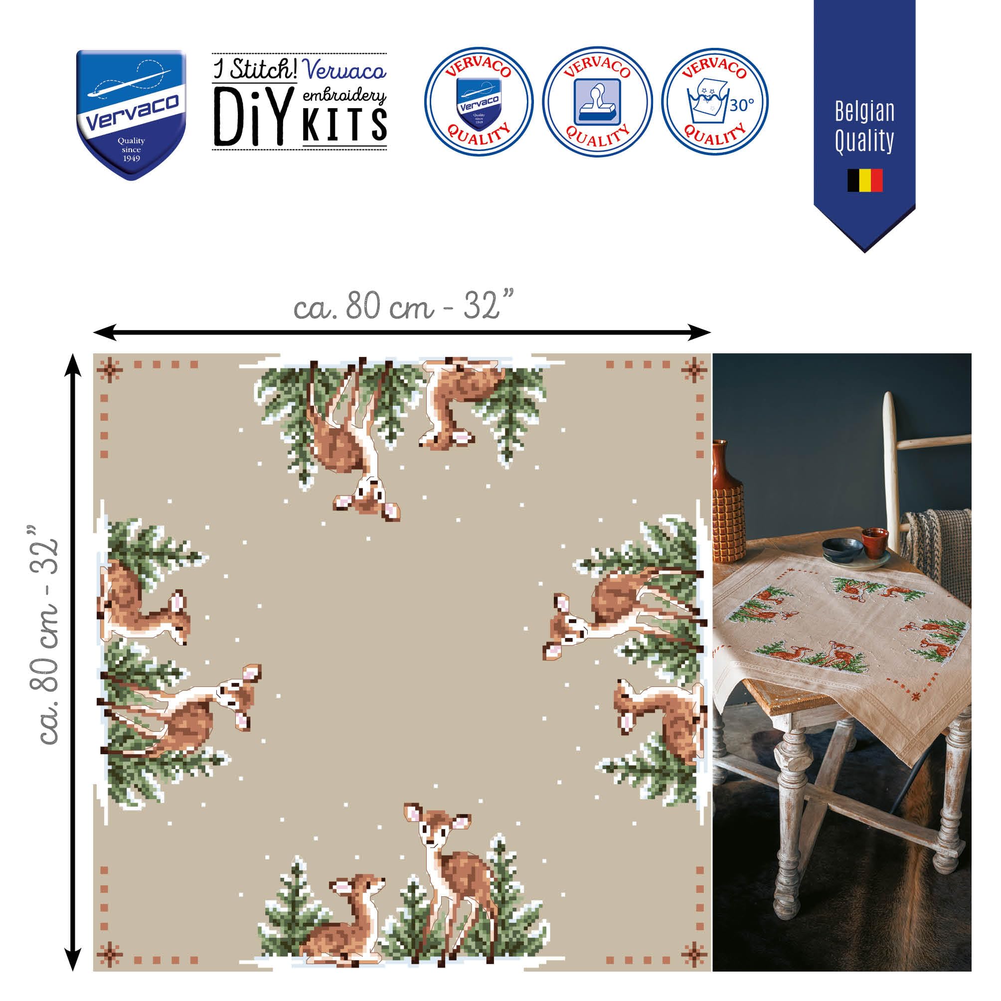 Vervaco Ricamo Punto Croce Kit Prestampato Tovaglie CERVO Biancheria Da Tavola Set Fai Da Te Creativo 80 x 80 cm Kit Hobby Creativi Adulti Casa Decor Cross Stitch Embroidery